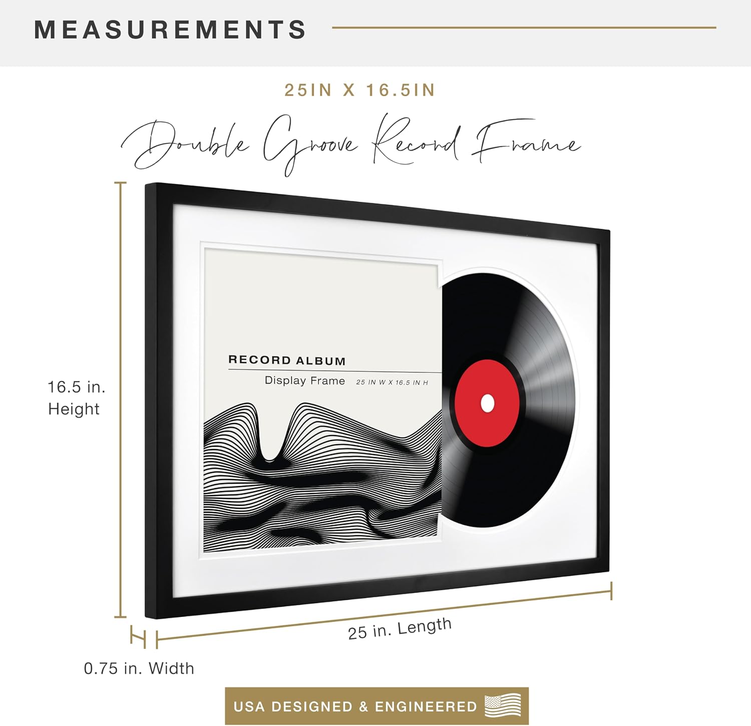 MCS Double Matted Record Album Frame, 16.5x25, Black With White Mat | Double Matted Frame Displays Vinyl LP Record And
