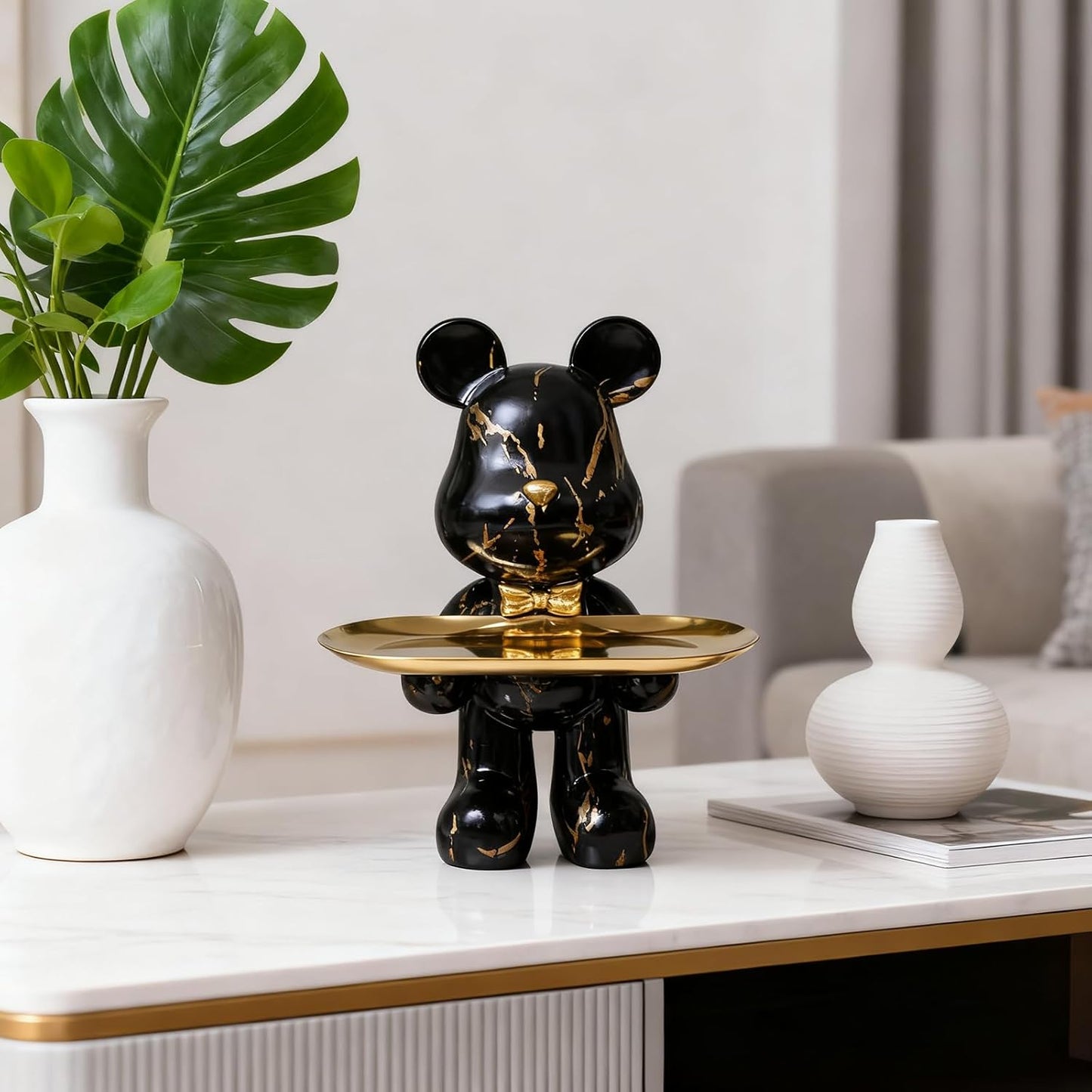 Bear Statue Resin Tray Sculpture / Black Gold