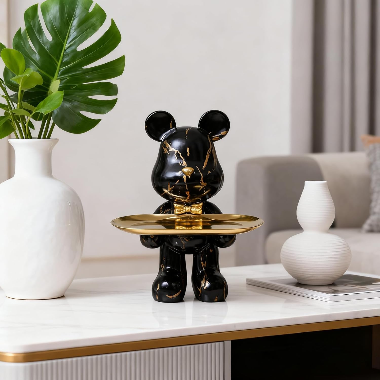 Bear Statue Resin Tray Sculpture / Black Gold