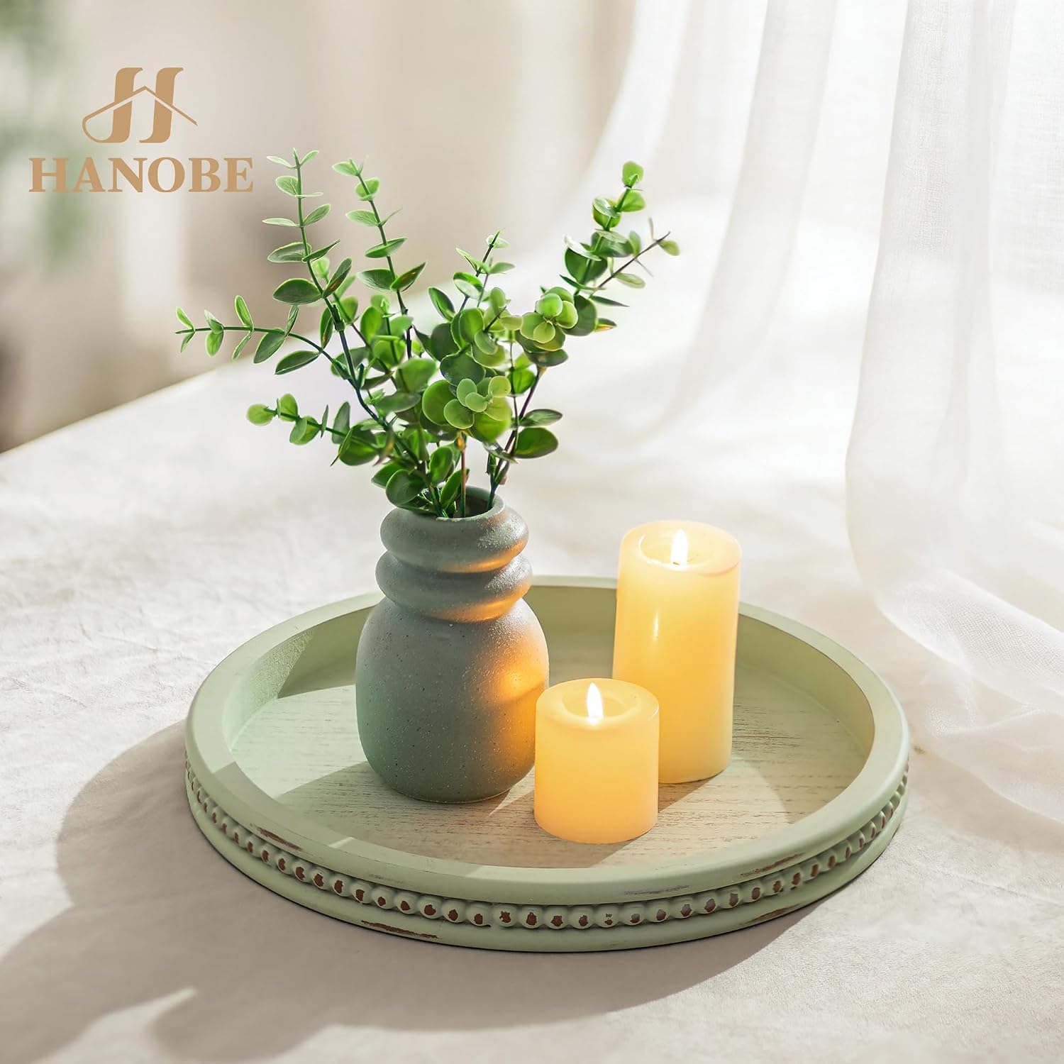 Wooden Candle Plate Holder / 11.8 / Sage Green