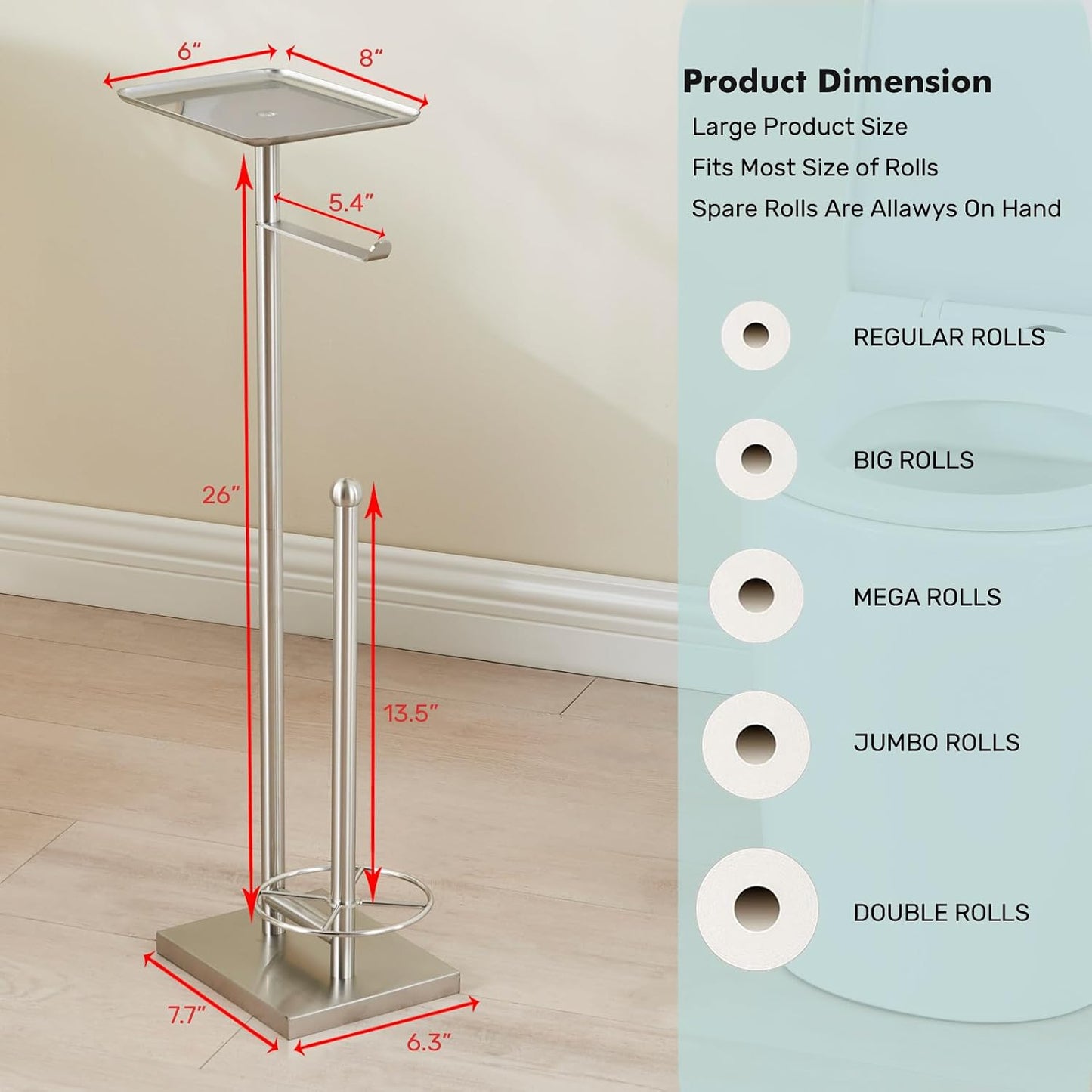 Toilet Paper Holder with Tray At the Top, Heavy-Weighted Stainless Steel Base No Wobbly, Freestanding Toilet Paper