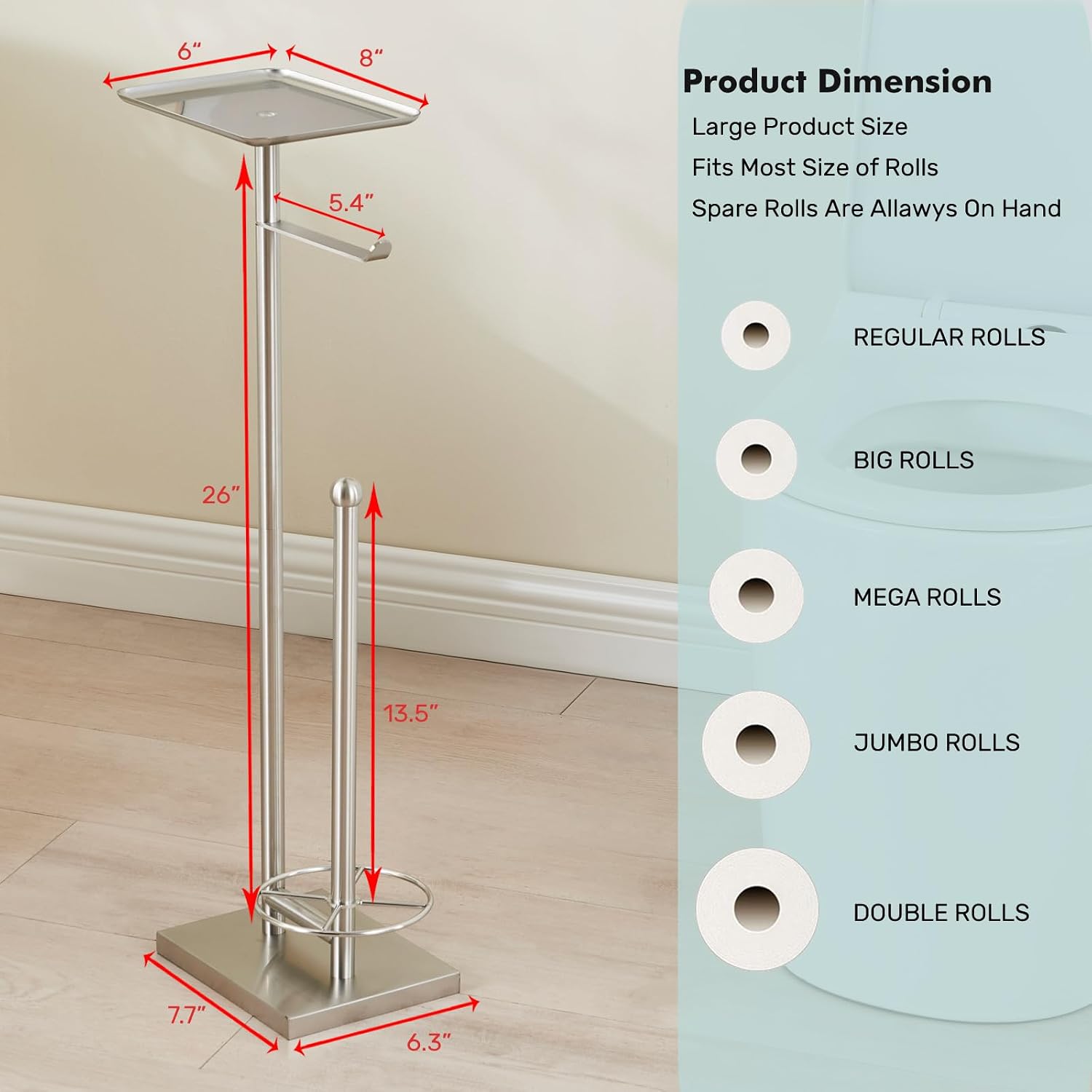 Toilet Paper Holder with Tray At the Top, Heavy-Weighted Stainless Steel Base No Wobbly, Freestanding Toilet Paper