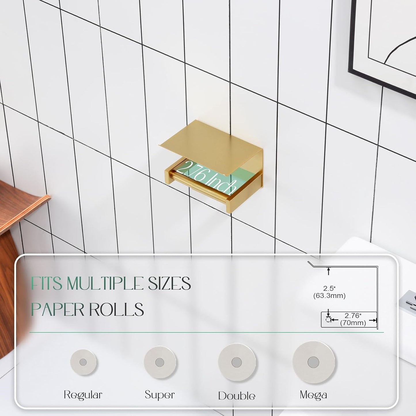 KOKOSIRI Roll Paper Holder Spring Loaded Tissue Paper Holder Bathroom Toilet Roll Holder with Shelf Wall Mounted