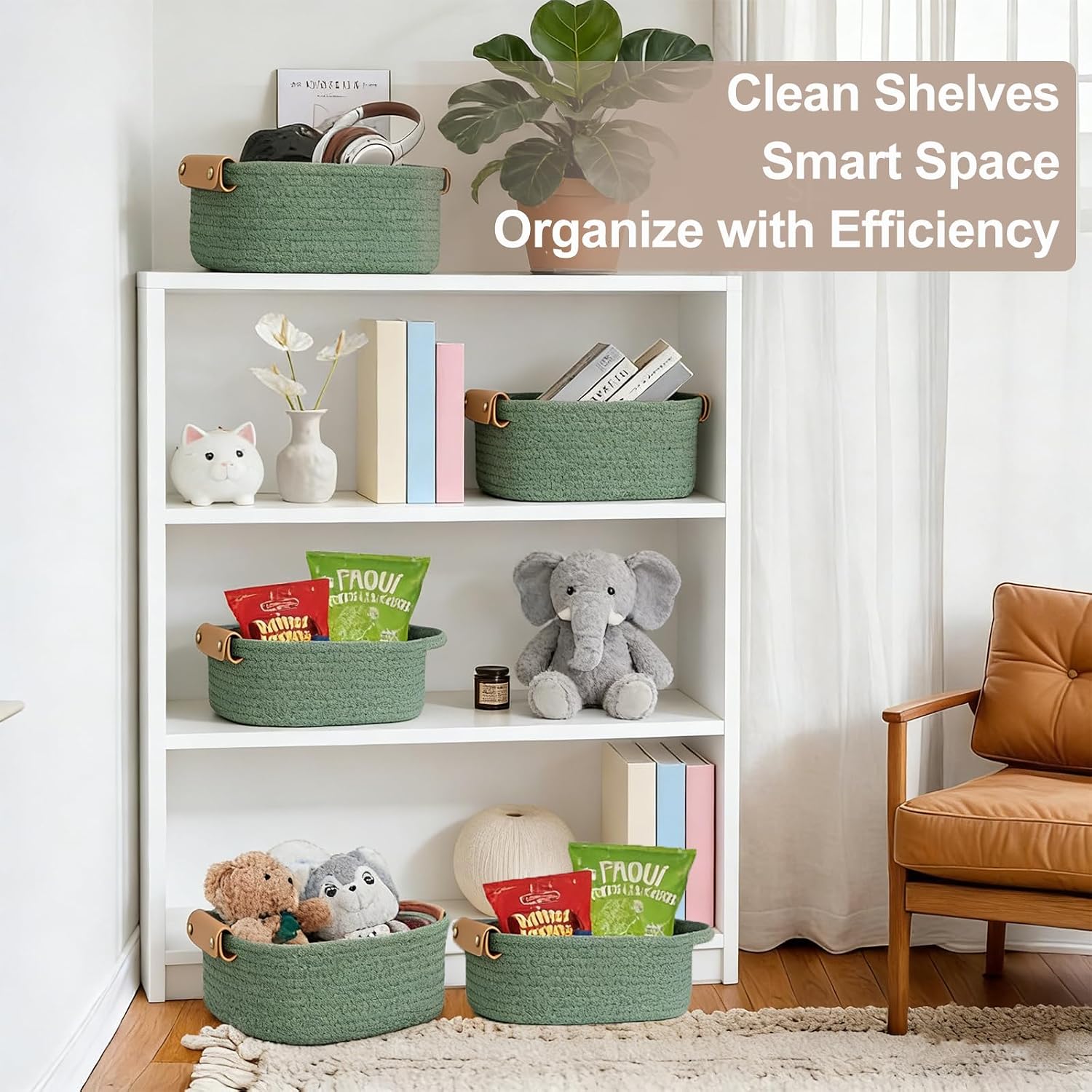 Woven Rope Shelf Bins for Organizing / Sage / Green / Set of 5