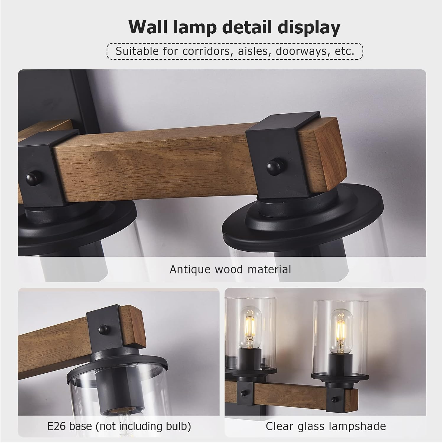DUJAHMLAND Farmhouse Vanity Lights, 5-Light Wood Bathroom Wall Lighting with Clear Glass, Industrial Metal Wall Sconce