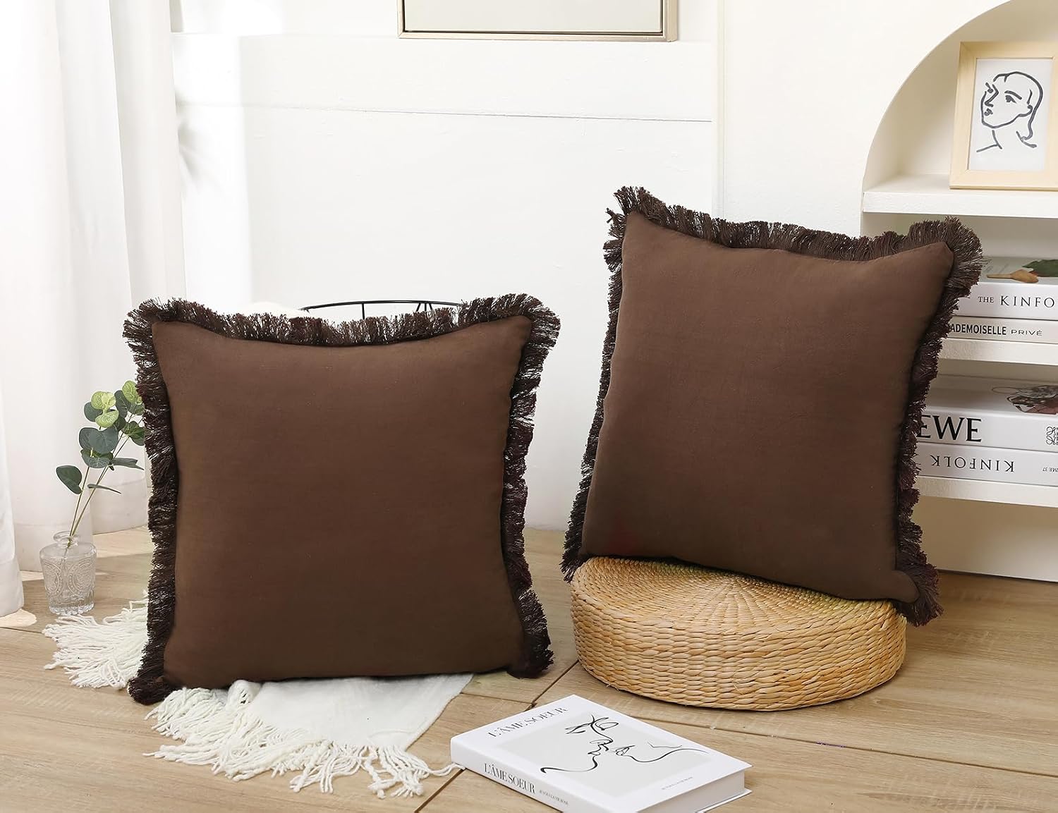 Linen Fringed Throw Pillow Covers / Chocolate / 18 x 18 / Natural / Set of 2
