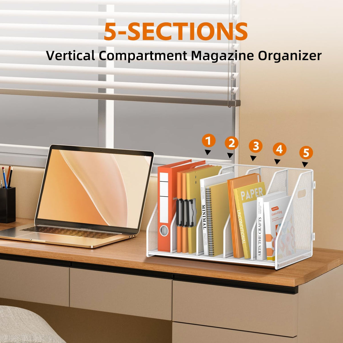 Binder Organizer, Magazine File Holder with 5 Vertical Rack, White | Metal Desk File Organizer & Binder Holders