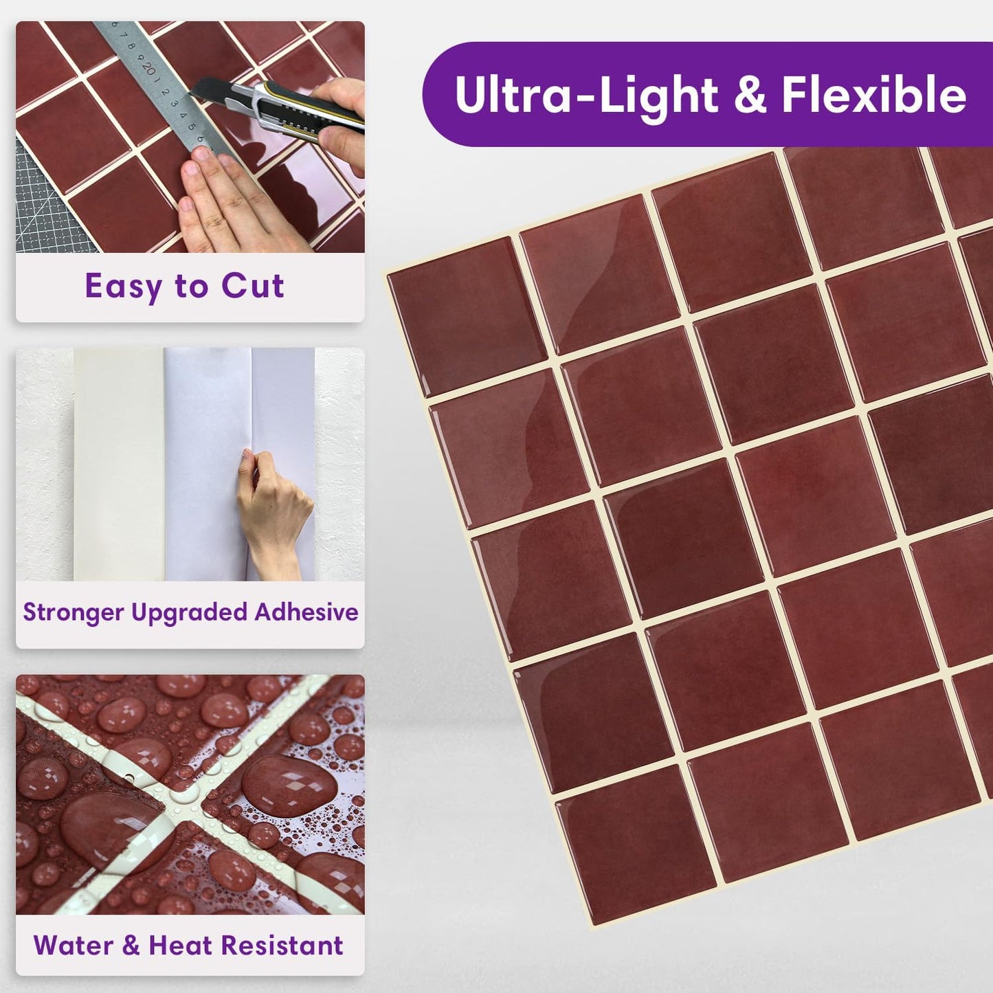Thicker Dark Peel and Stick Backsplash Tiles- of "-3D Adhesive / ST-SM-A / Red / 12 x 12 / Set of 10