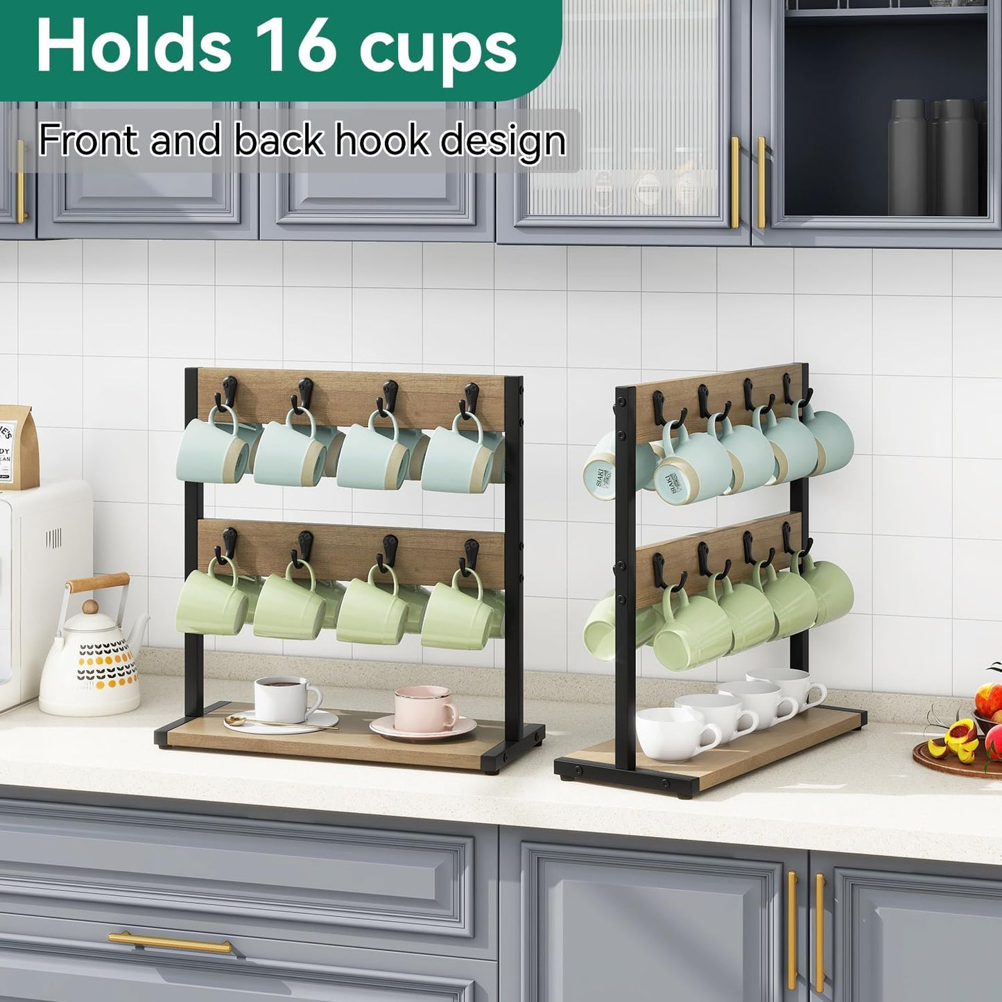 IBUYKE Coffee Mug Holder for Countertop,16 Hook Mug Tree,Greige TBJ001Y | Coffee Cup Holder Mug Display Organizer Mug