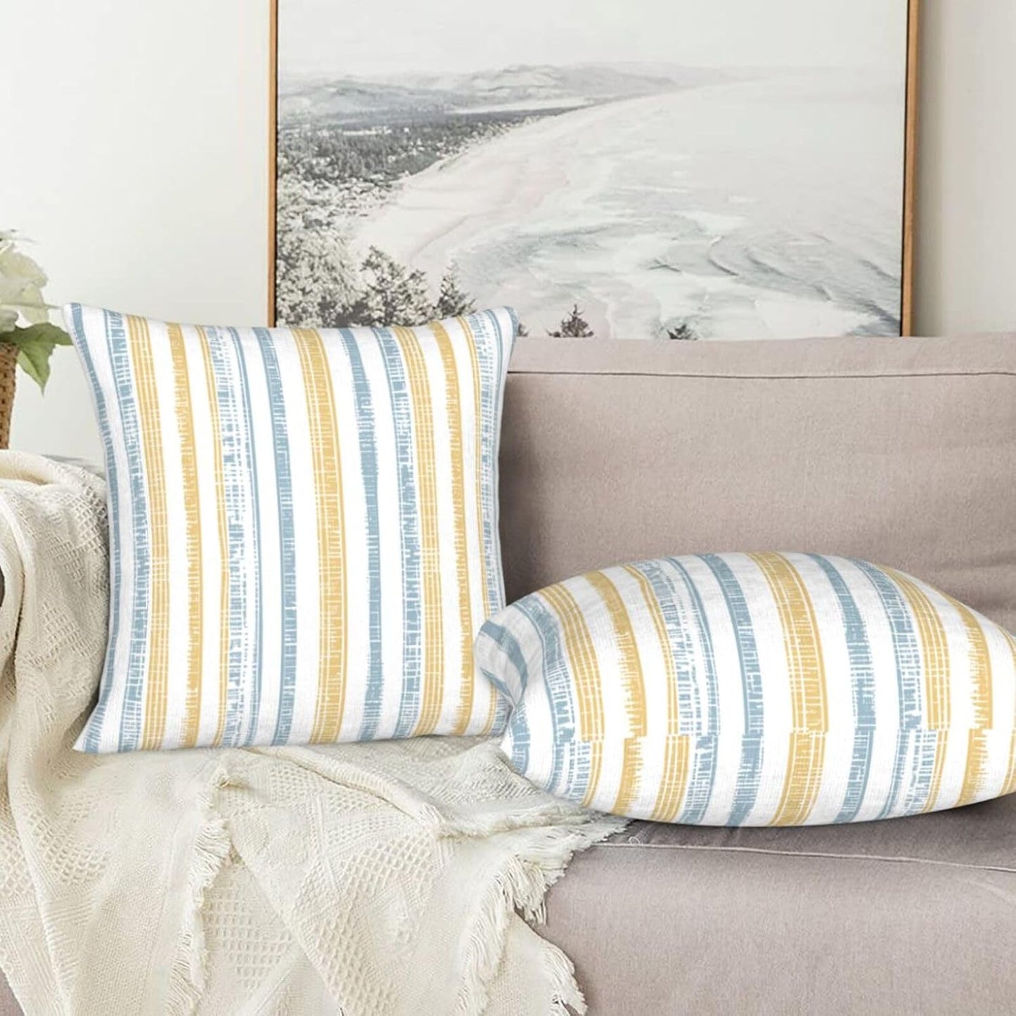 Throw Pillow Covers Outdoor Decorative Pillow / 18 x 18 / Boho Light Blue Yellow Striped / Set of 2