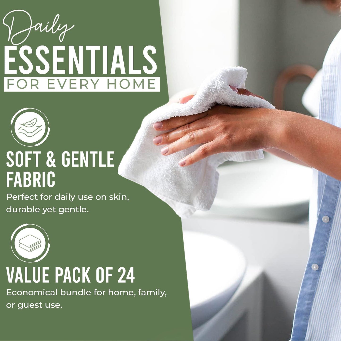 DAN RIVER 24 Pack Cotton Wash Cloths Set for Showering [12x12] Sage Green | Lighter Weight, Quick to Dry, Super Soft &