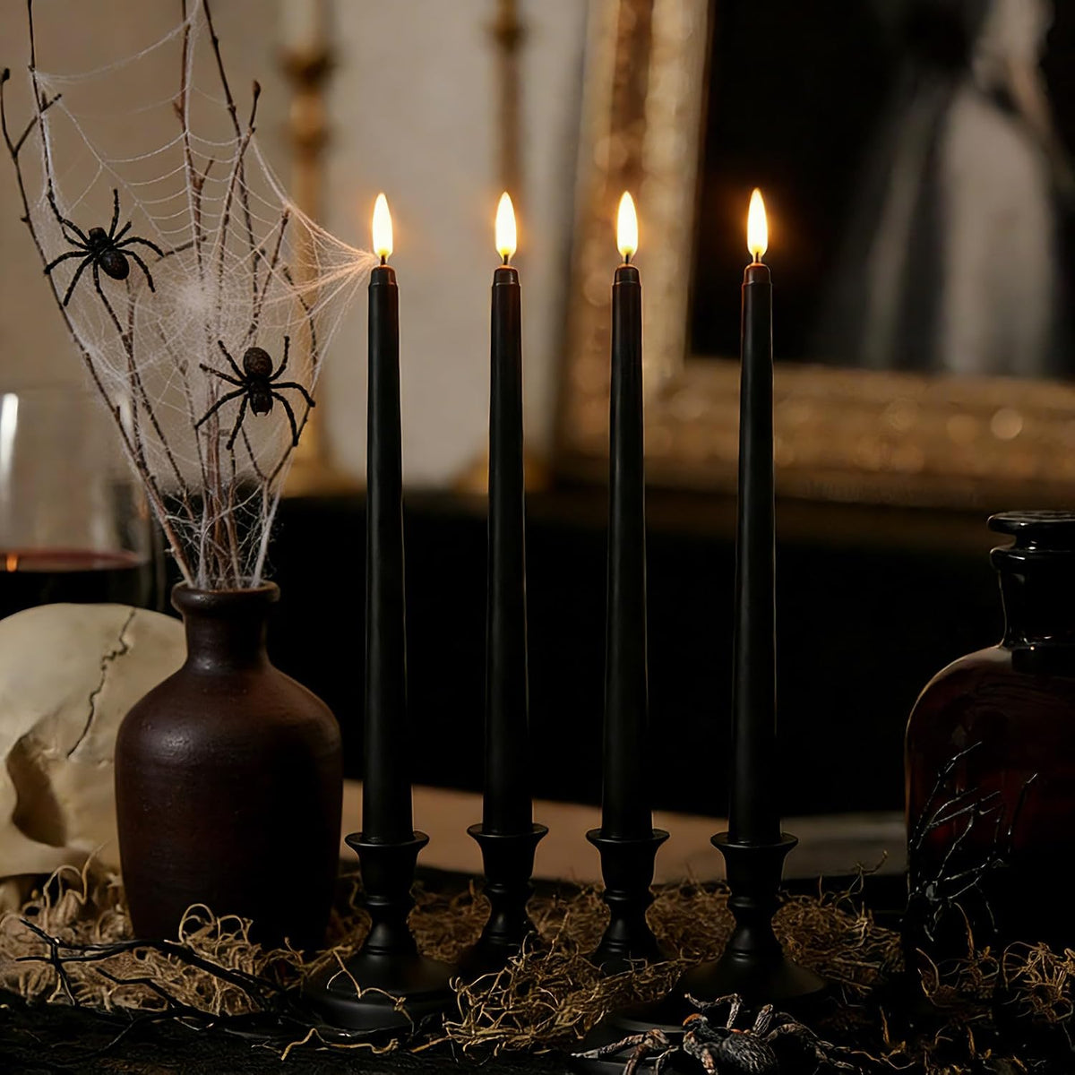 Black Halloween Flameless Taper Candles with Remote Timer Set of 12 | Flickering LED Candlesticks, 2 AAA Battery