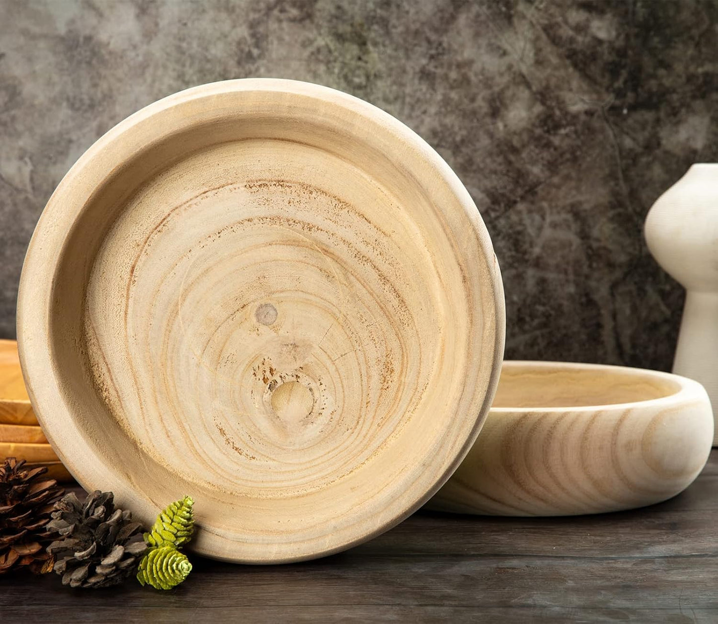 Decorative Wood Bowl Hand Carved Centerpiece Paulownia Round Dough Serving / Natural / 11.4 Inch