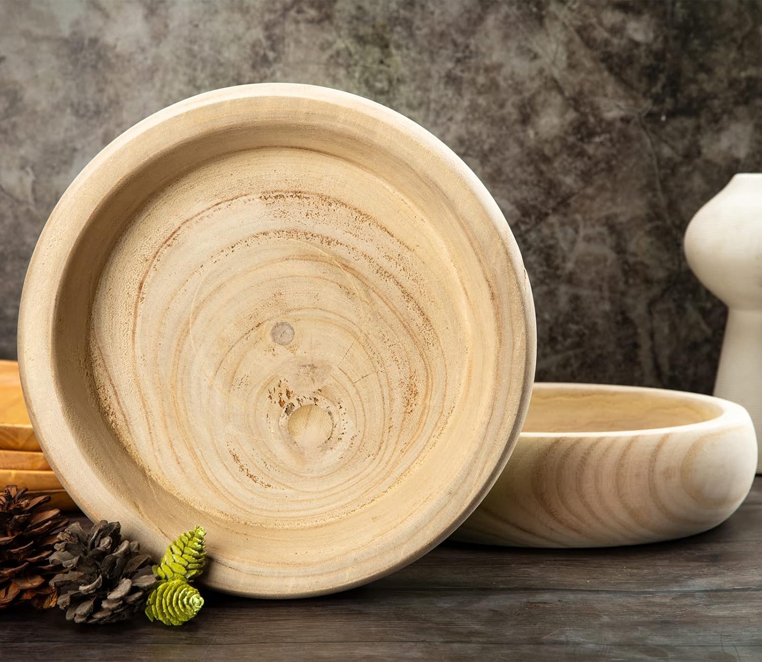 Decorative Wood Bowl Hand Carved Centerpiece Paulownia Round Dough Serving / Natural / 11.4 Inch