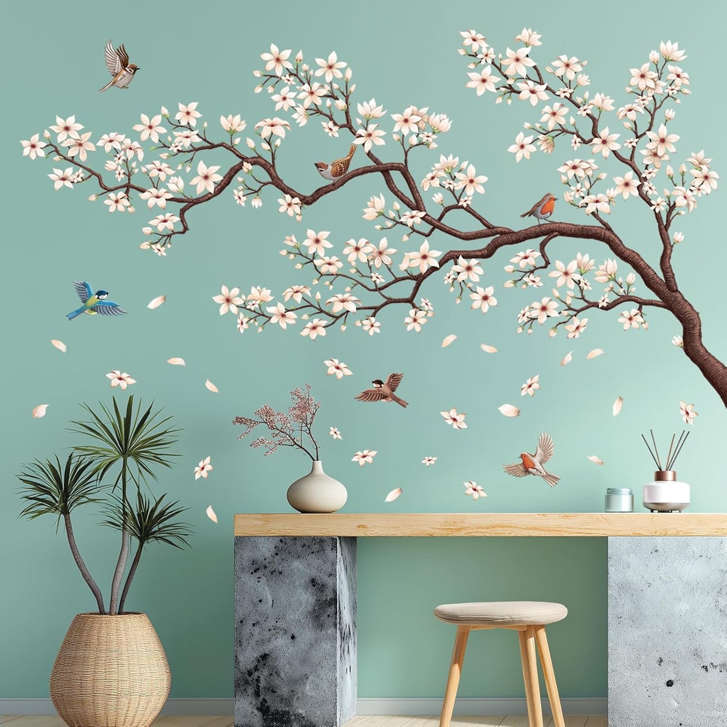 SG4-2317 Oriental Flower Tree Wall Stickers declas Kids Bedroom Cherry Blossom Birds Branch décor