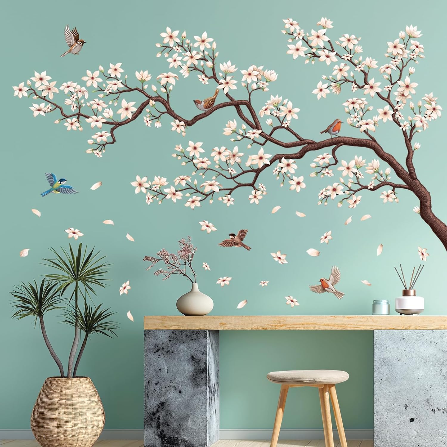 SG4-2317 Oriental Flower Tree Wall Stickers declas Kids Bedroom Cherry Blossom Birds Branch décor
