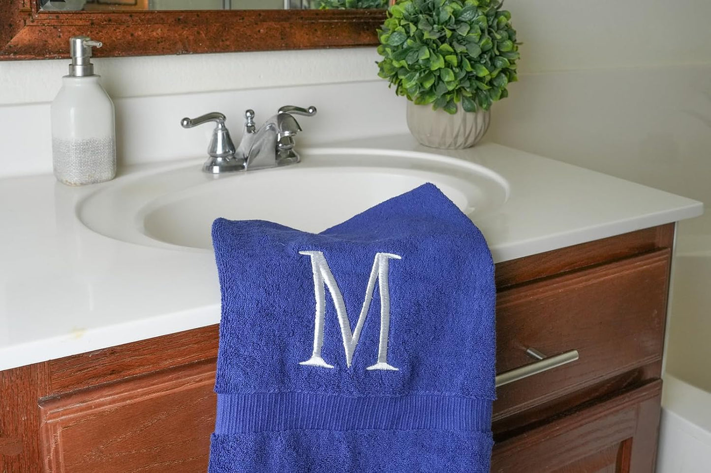 Navy with White Monogrammed Hand Towels for Bathroom - Set of 2 Letter M | Luxury Hotel Quality Initial Towels For