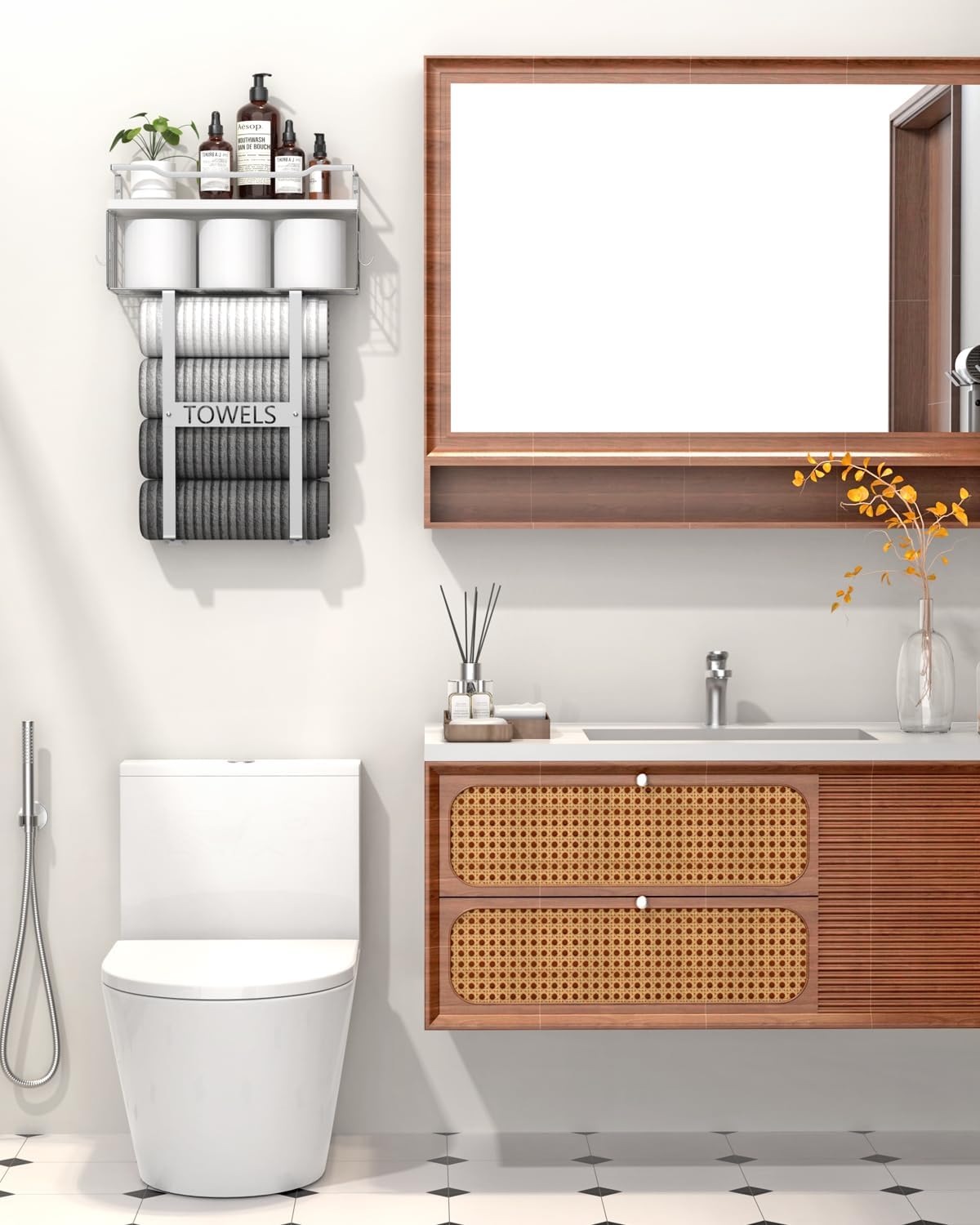 Towel Racks for Bathroom Wall Mounted - Bath Wall Towel Holder Set Above Toilet Storage, Rolled Towel Shelf Organizer