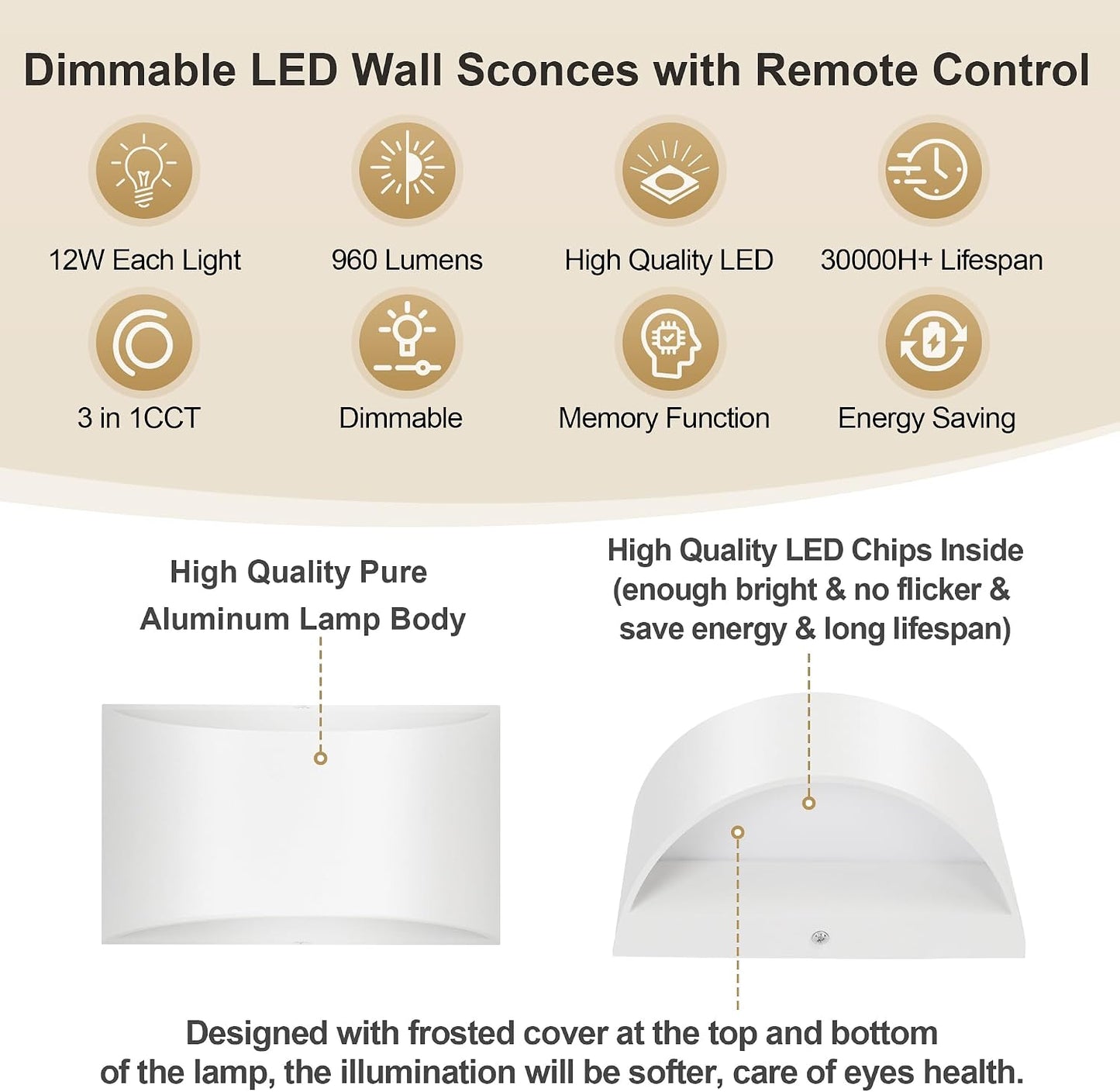 TRLIFE Modern LED Wall Sconces, Remote Control Dimmable and Adjustable Color Temperature 3000K~6000K Aluminum 12W
