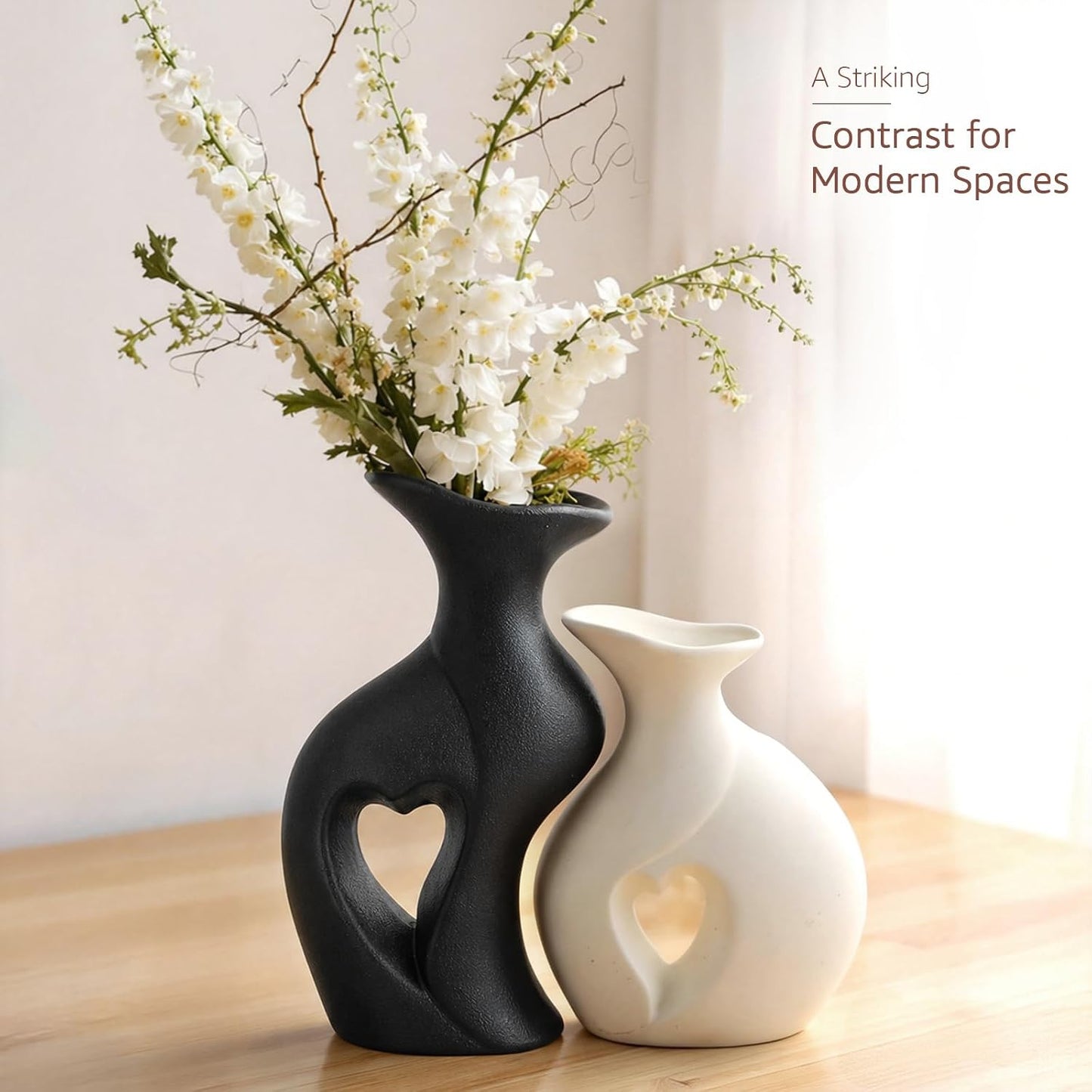 Ceramic Vase Hollowed Heart Flower Vase Set for Modern Nordic Boho Home Decor / Black&white