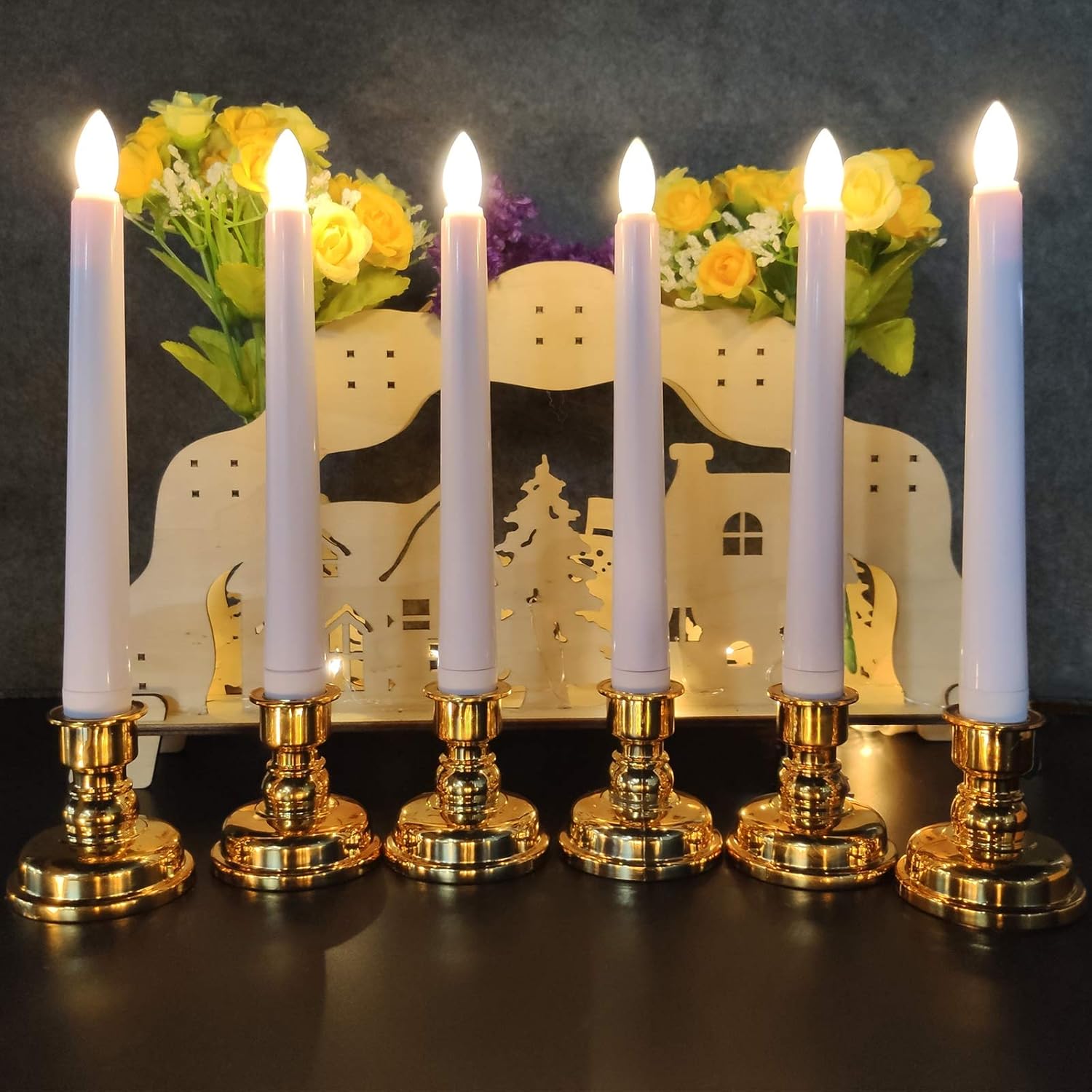 Flameless Window Candles with Gold Bases, Battery Operated Taper Candle with 4H/6H Daily Timer, Remote Window Candle