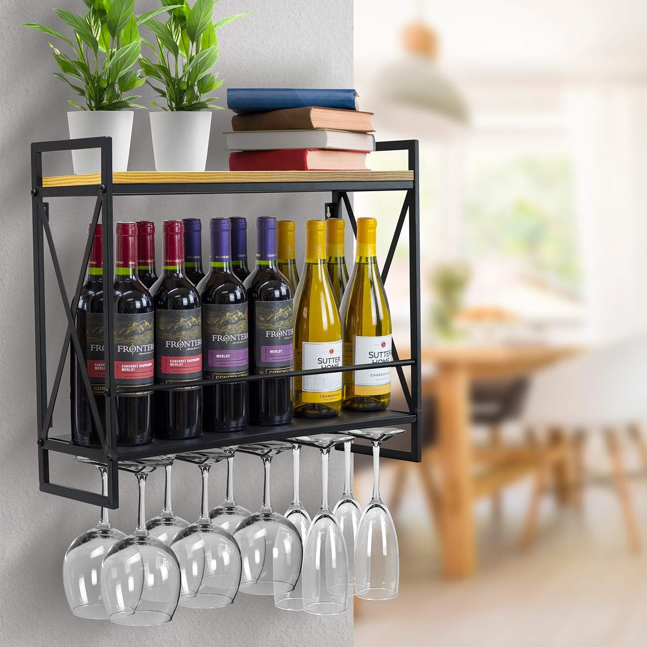 Sorbus Wine Bottle Stemware Glass Rack, Industrial 2-Tier Wood Shelf, Wall Mounted Wine Racks with 5 Stem Glass Holders
