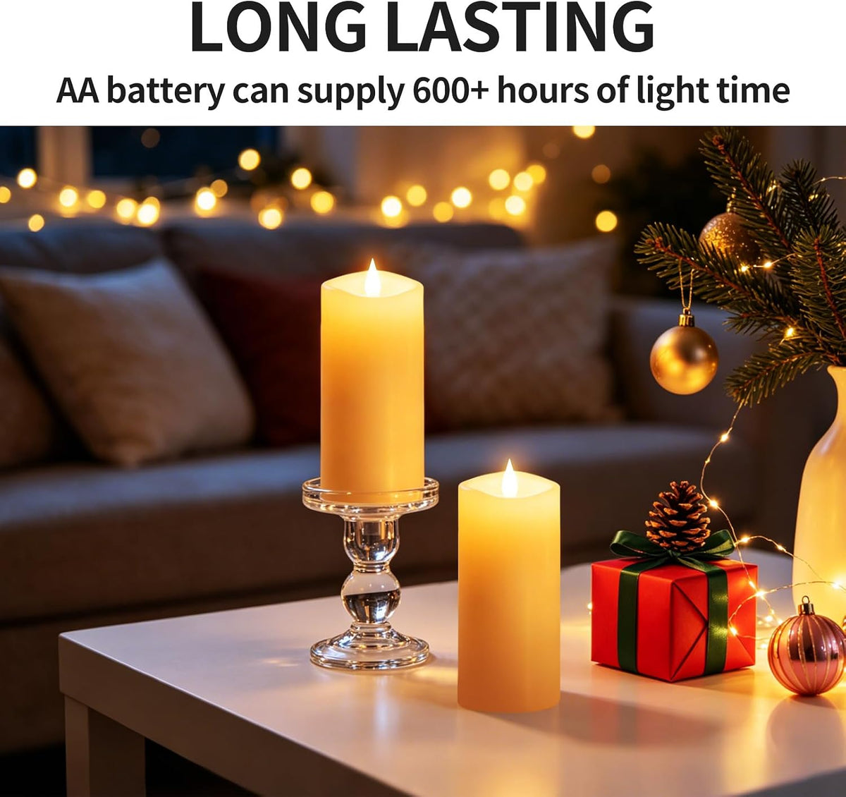 Flameless LED Candles 3"x7" Set of 2, Battery Operated with Remote & Timer, 600-Hour on 2 AA Batteries, Flickering