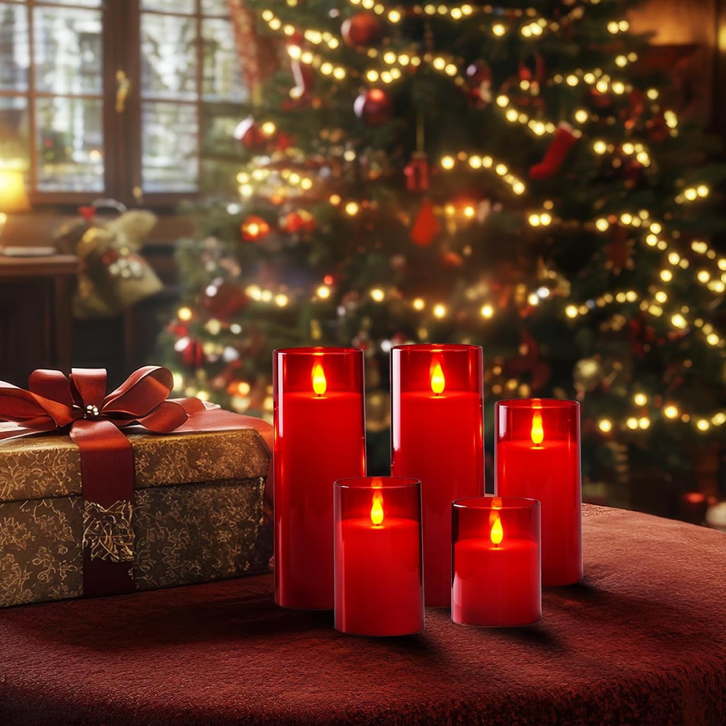 Homemory Christmas Red Flickering Flameless Candles, Battery Operated Acrylic LED Pillar Candles with Remote Control