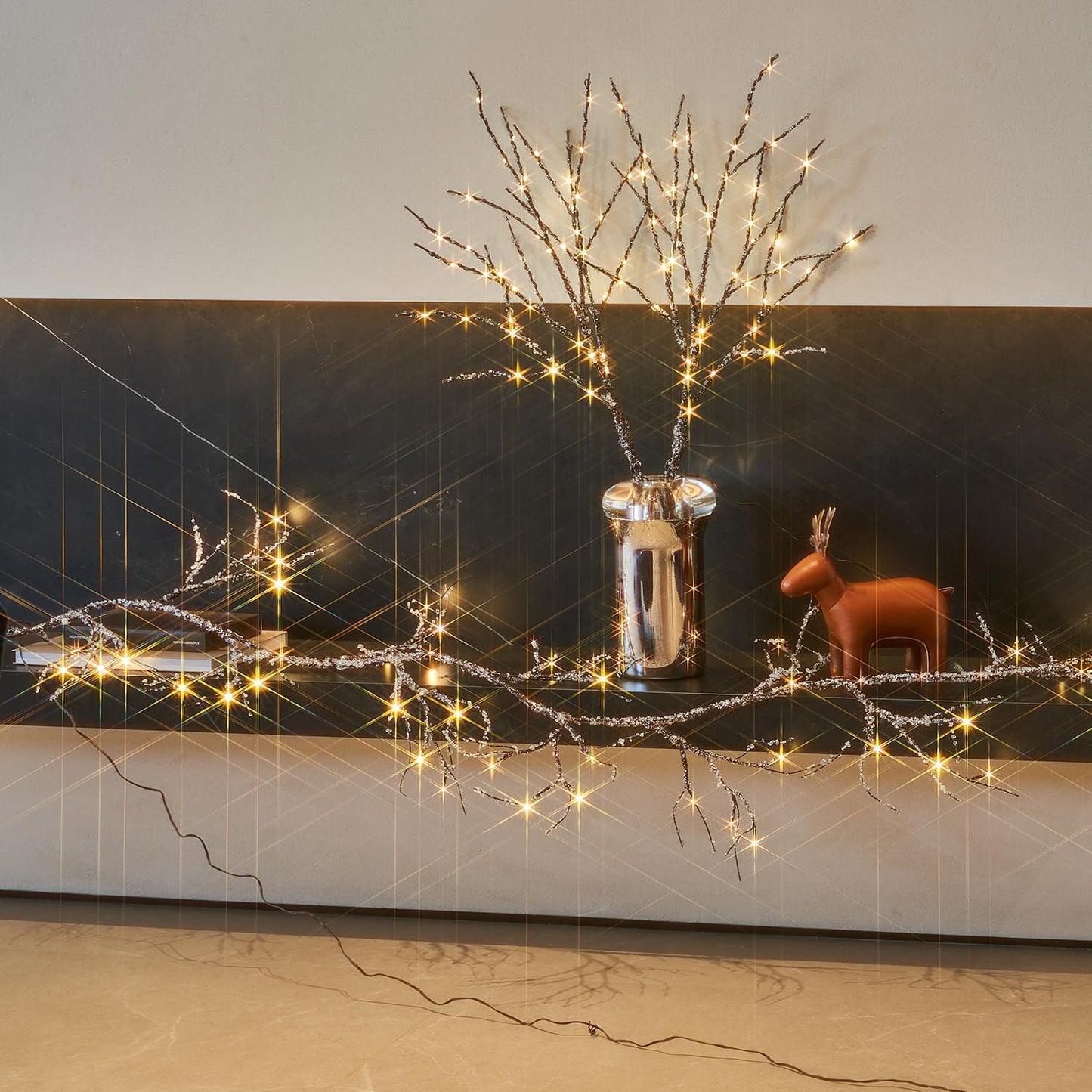 Fudios Lighted Iced Garland with Timer 48 LED Fairy Lights 6ft Battery or USB Plug for Mantle Decor, Lit Christmas