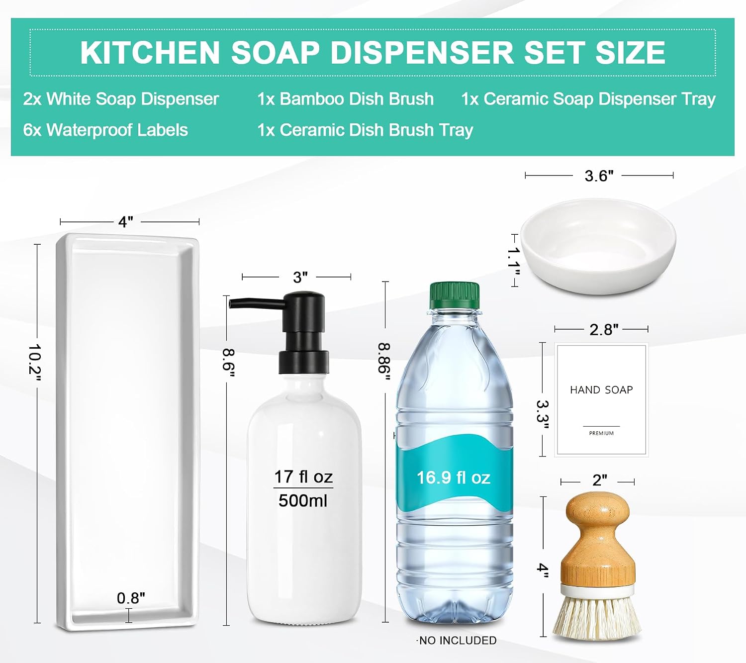 GMISUN Kitchen Soap Dispenser Set, 16 Oz Hand and Dish Soap Dispenser with Ceramic Tray & Bamboo Dish Brush, 2 Pack