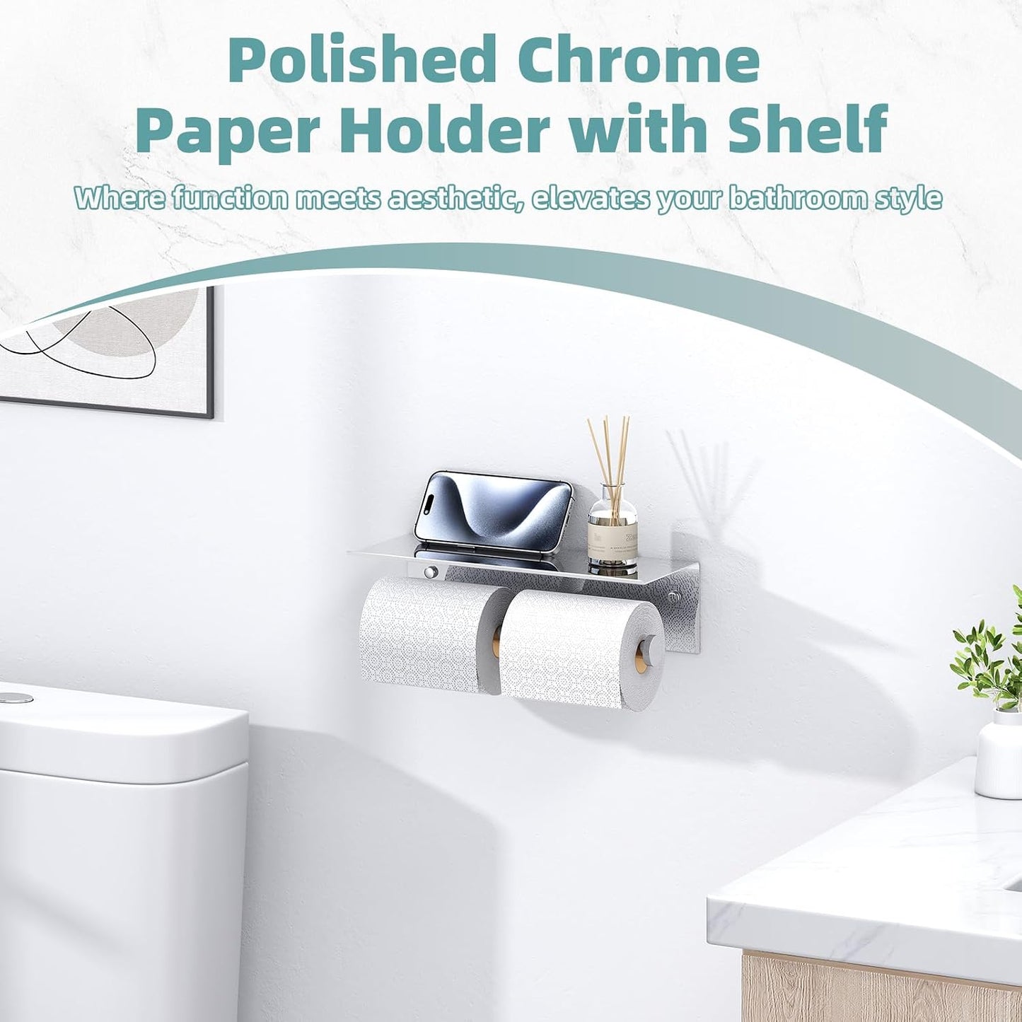 APLusee Polished Chrome Double Toilet Paper Holder with Shelf, Wall Mounted | 304 Stainless Steel, Rustproof for