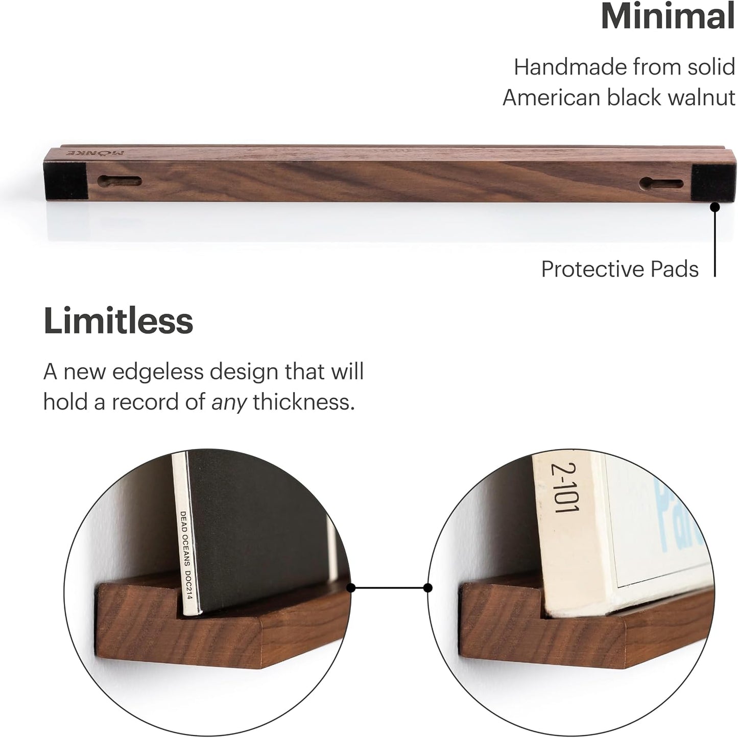 Vinyl Record Shelf - 3 Display Ledges Made of Solid Walnut -A Wall Mount for Your Favorite or Now-Playing Records -This