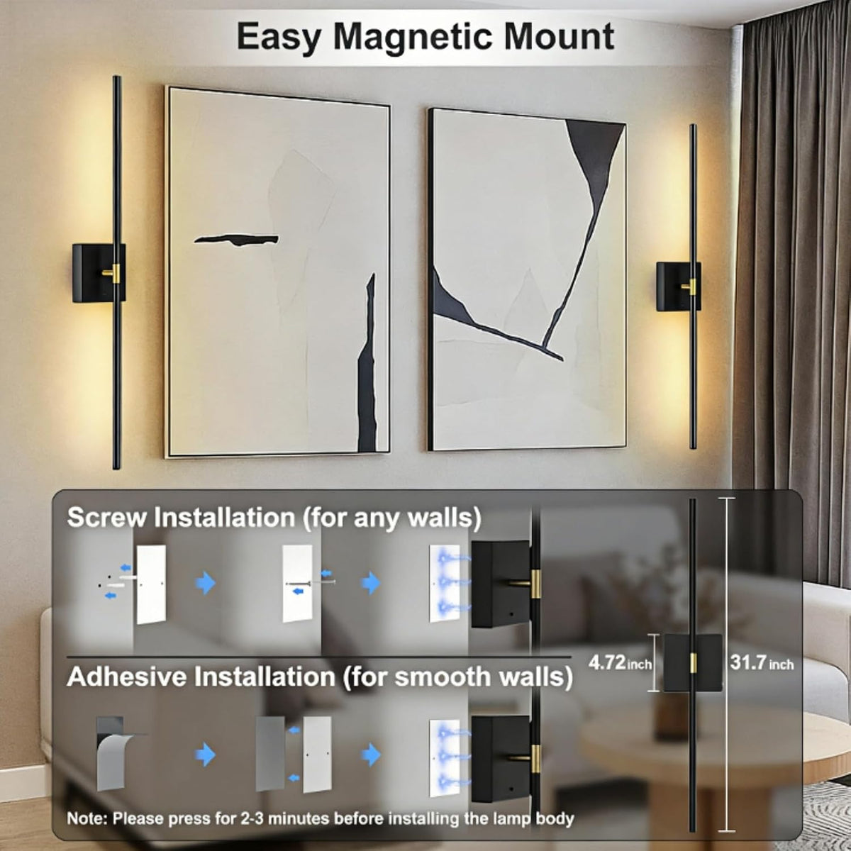 Battery Operated Wall Sconces Set of 2: 10000mAh Rechargeable Wireless Wall Lights, 360° Rotatable Magnetic Wall Lamp