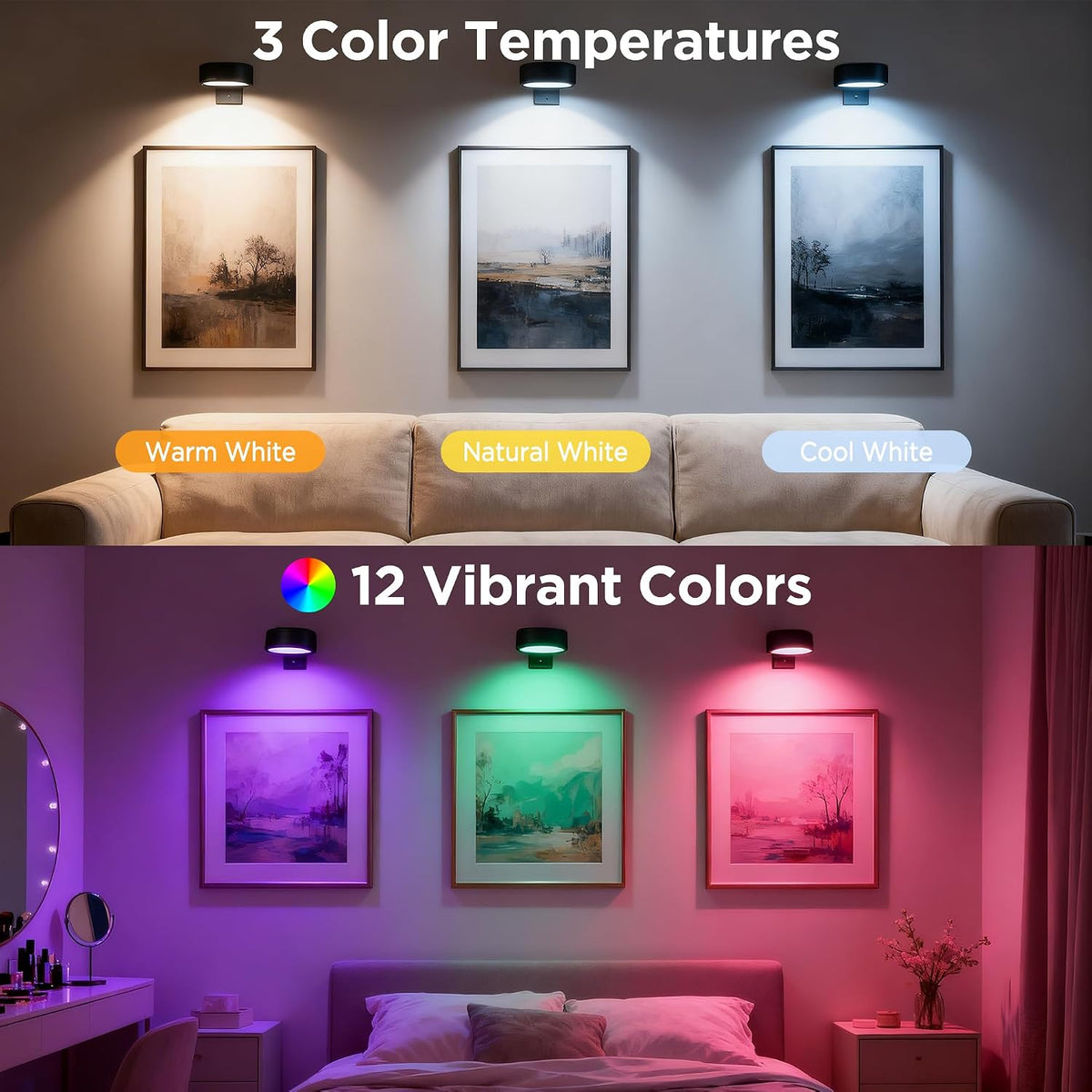 6-Pack Picture Lights for Wall, Rechargeable Wireless Poster Lights, Black | LED Magnetic Painting Lights with