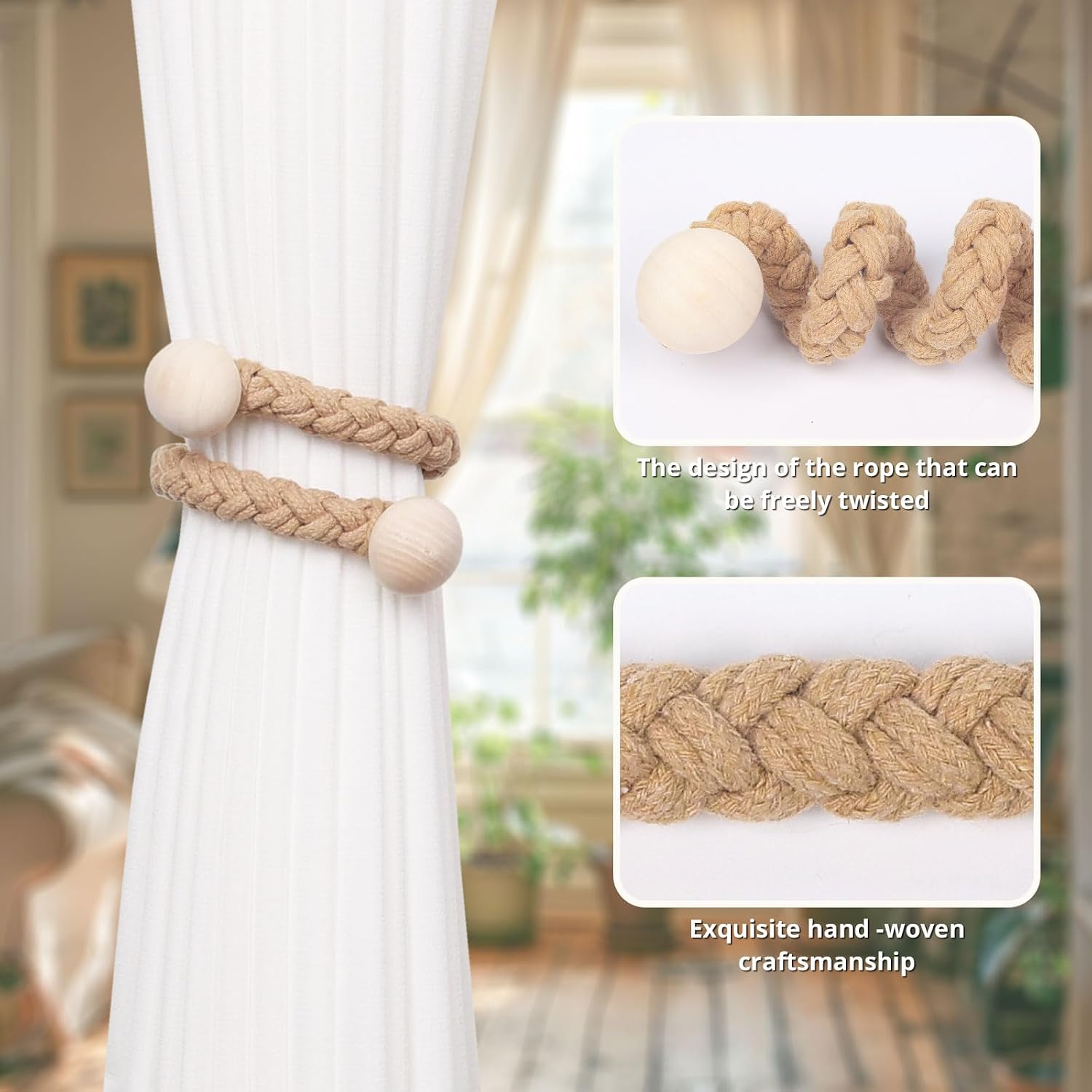Wooden Ball Decor Curtain Tiebacks Farmhouse Rustic Style Drape Tie Backs / Dark Beige / Set of 4