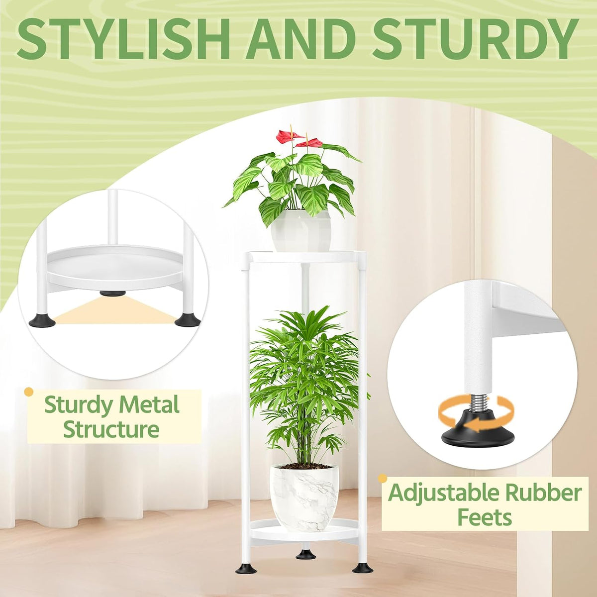 KMOTASUO 2 Tier Metal Plant Stand Tall for Indoor Outdoor Corner, White | Heavy Duty Flower Holder Rack, Modern