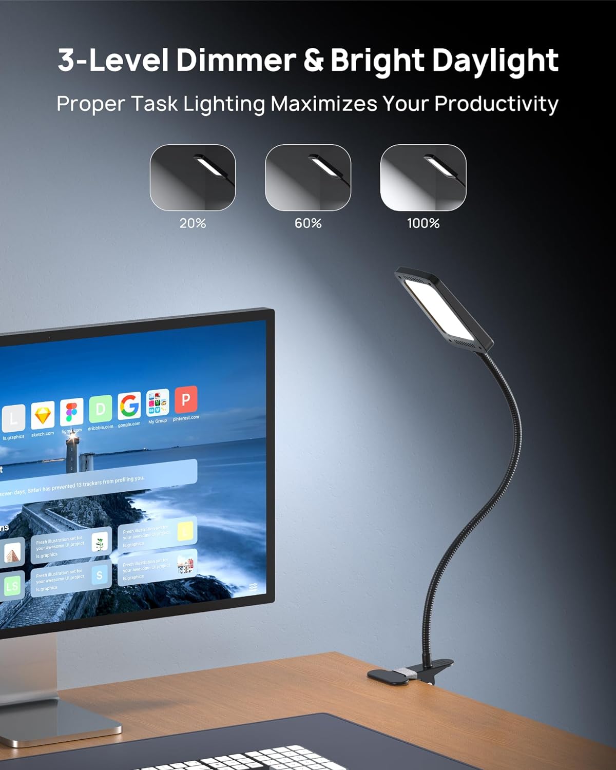 TROND LED Desk Lamp with Clamp, 1000LM Bright 3-Level Dimmable Desk Light | 6000K Daylight Extra-Long Flexible