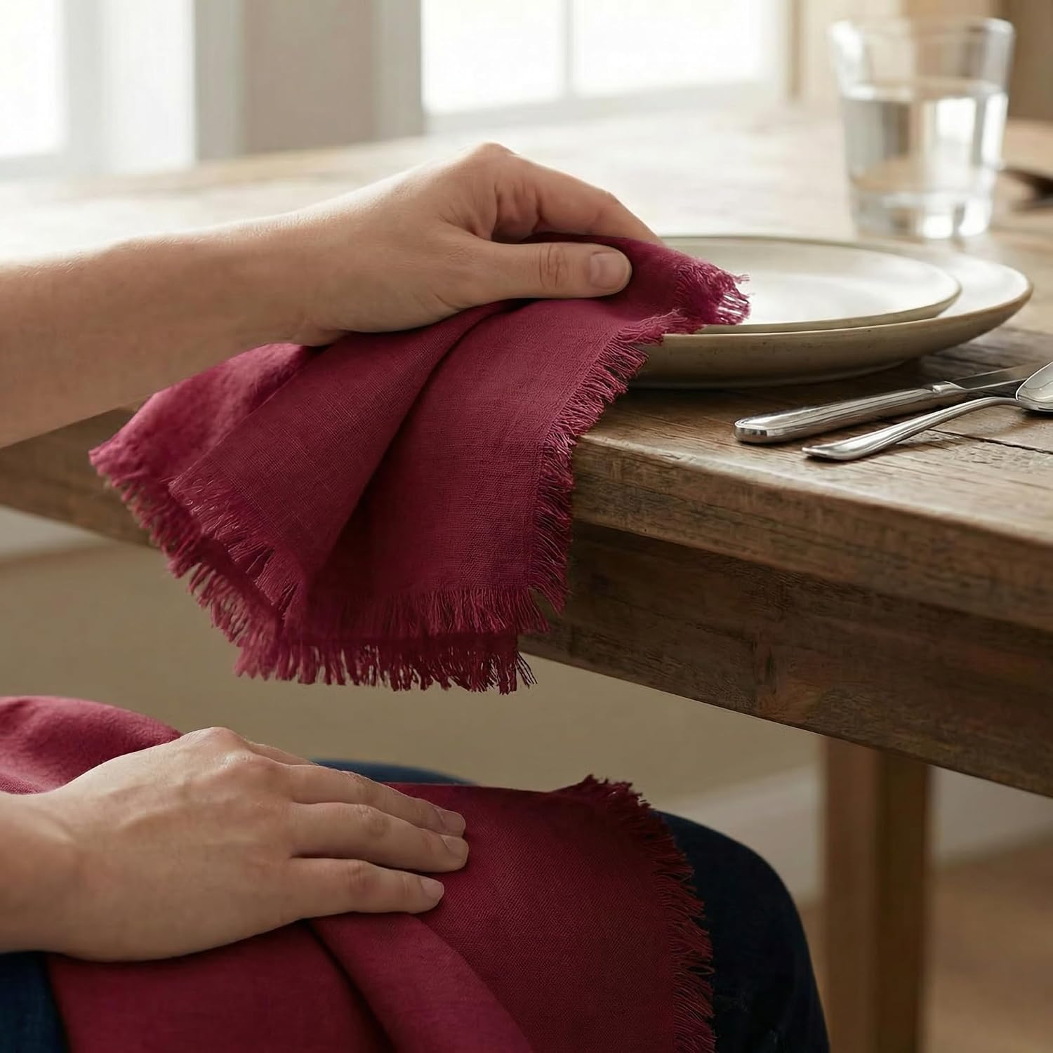 ACCENTHOME Burgundy Cotton Linen Napkin Set of 12 18x18 inch Dinner | Cotton Linen Blend Napkins, Machine Wash On