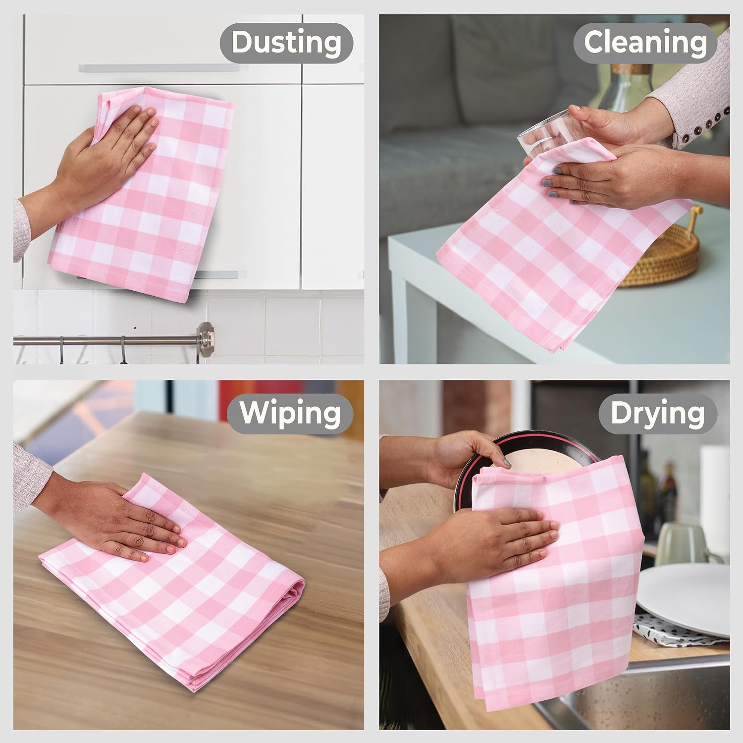 Urban Villa Kitchen Towels Cotton Dish Towels 20”x30” (Set of 6) Pink Wht