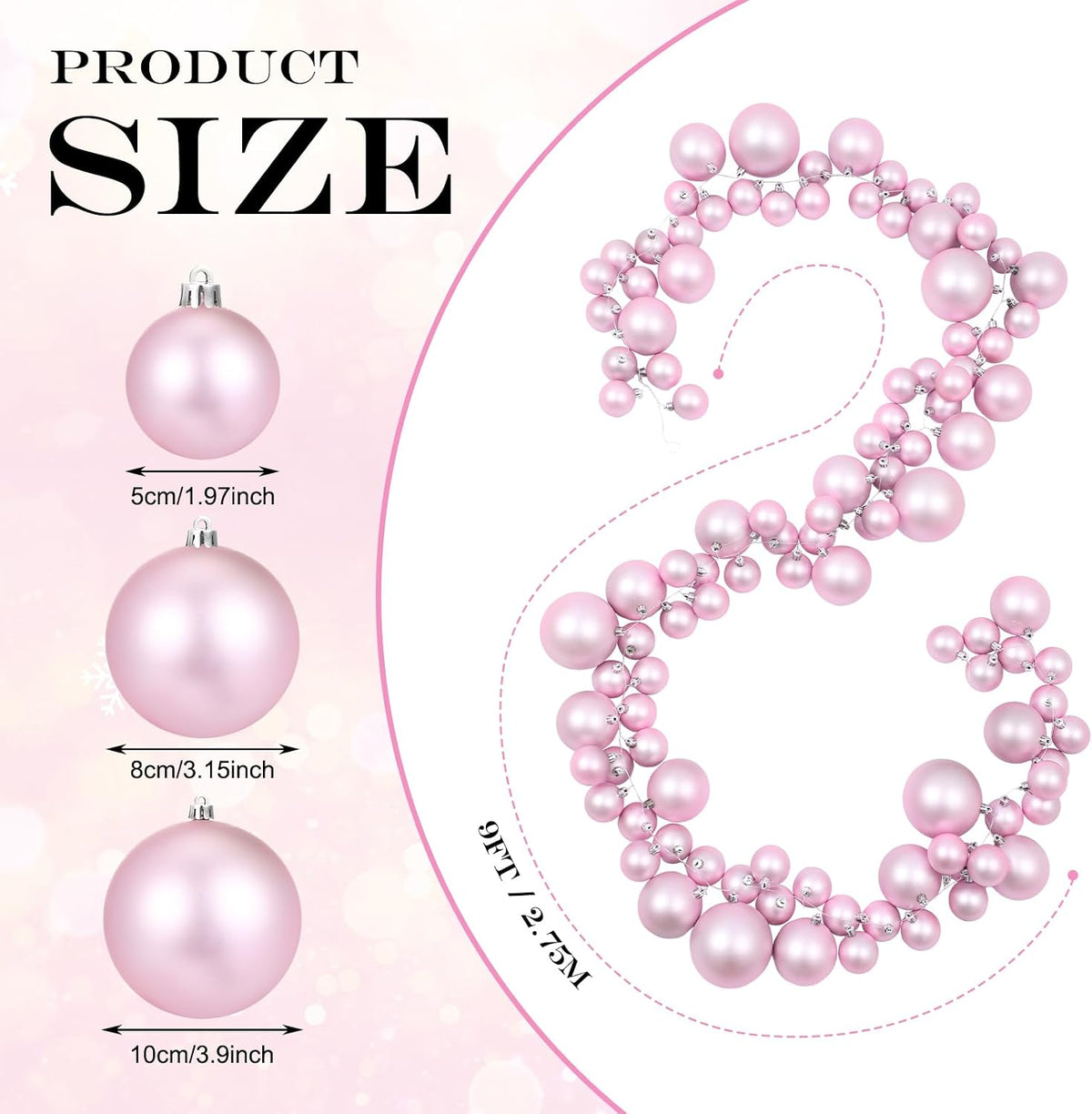 9 ft Christmas Ball Garland Ornaments Large Pink Hanging Shatterproof Xmas Balls Decorations for Home Indoor Outdoor