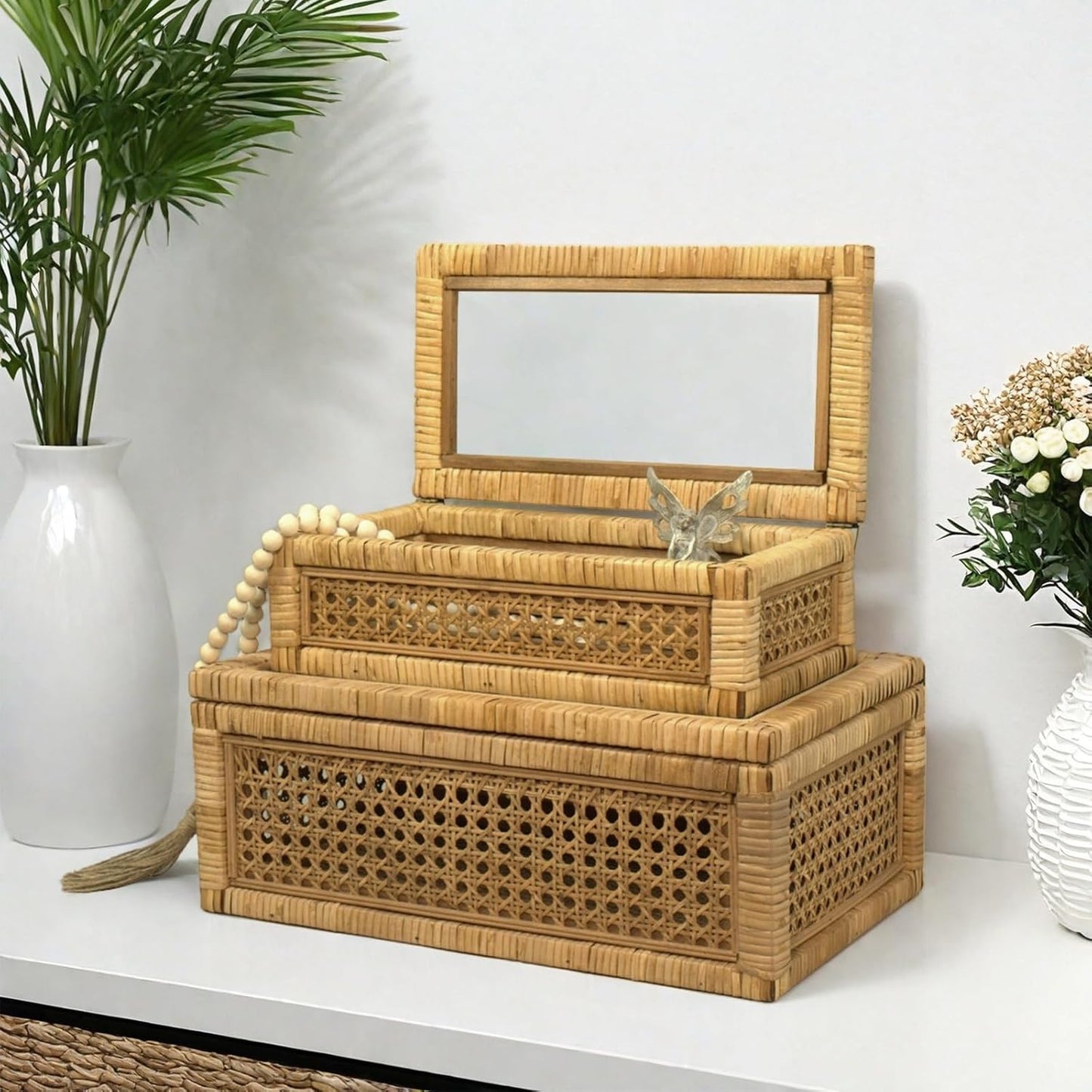 Rattan Display Box / Rectangular Coastal Bohemian Style Stackable Decorative Storage Box Set