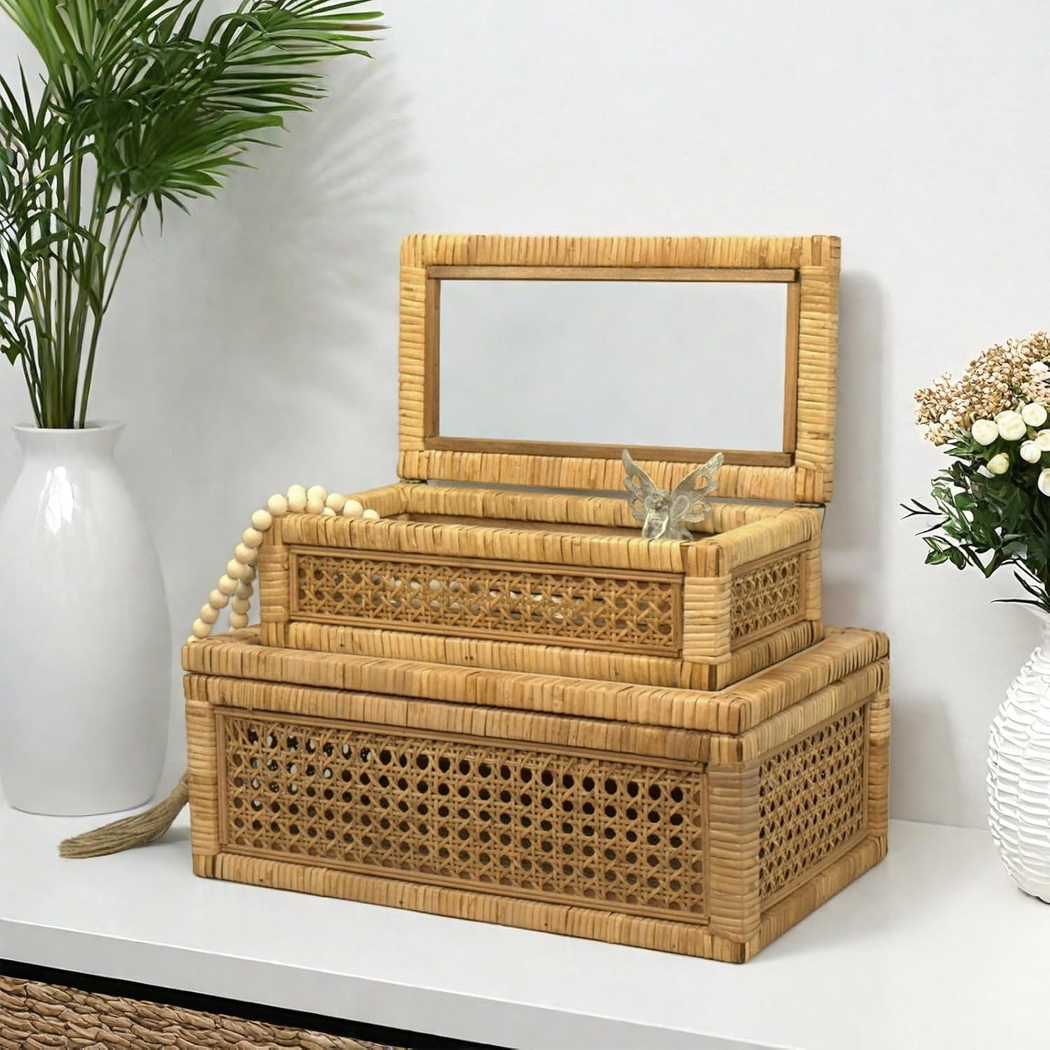 Rattan Display Box / Rectangular Coastal Bohemian Style Stackable Decorative Storage Box Set