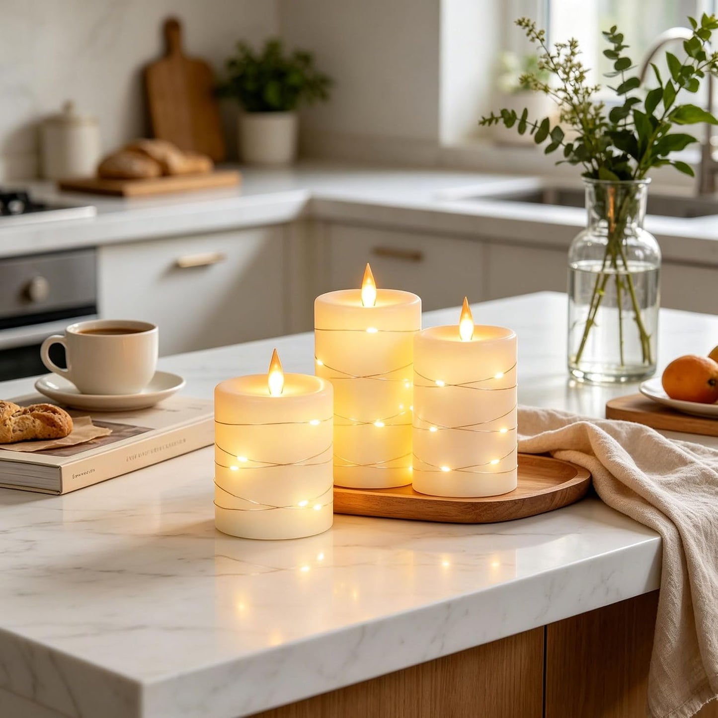 Da by 3 Pack Ivory Real Wax Flameless Taper Candles, Lifelike Flickering LED Flame Candles with Surrounding Copper