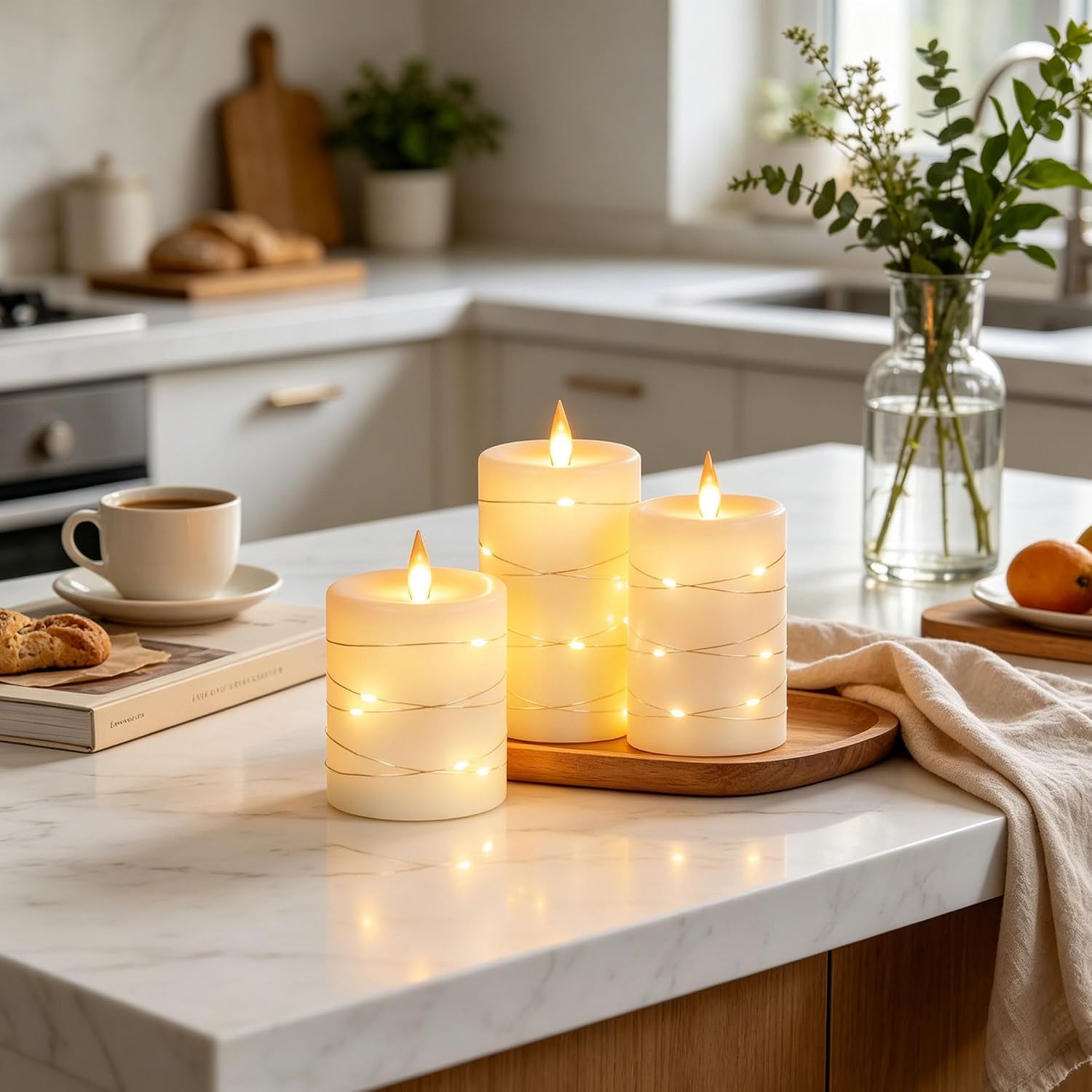 Da by 3 Pack Ivory Real Wax Flameless Taper Candles, Lifelike Flickering LED Flame Candles with Surrounding Copper