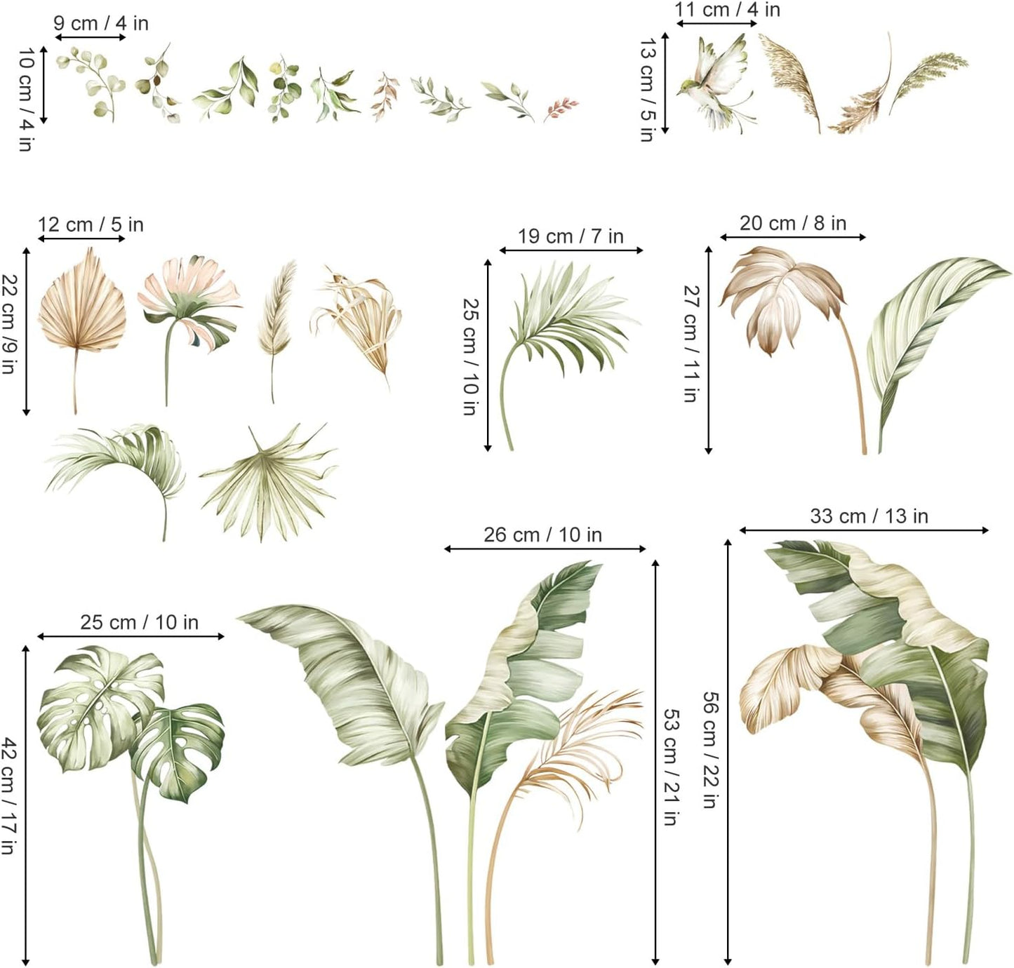 Boho Tropical Leaves Wall Decals Palm Leaf Plants Wall Stickers Living Room Bedroom Office / Green