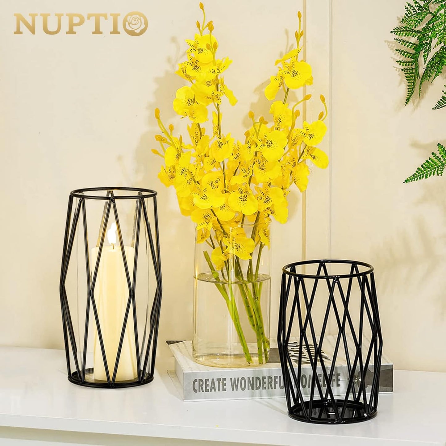 NUPTIO Black Geometric Hurricane Glass Candle Holders, Set of 2 | 2 Graduated Diamond Frames, Clear Cylinder Vases, for