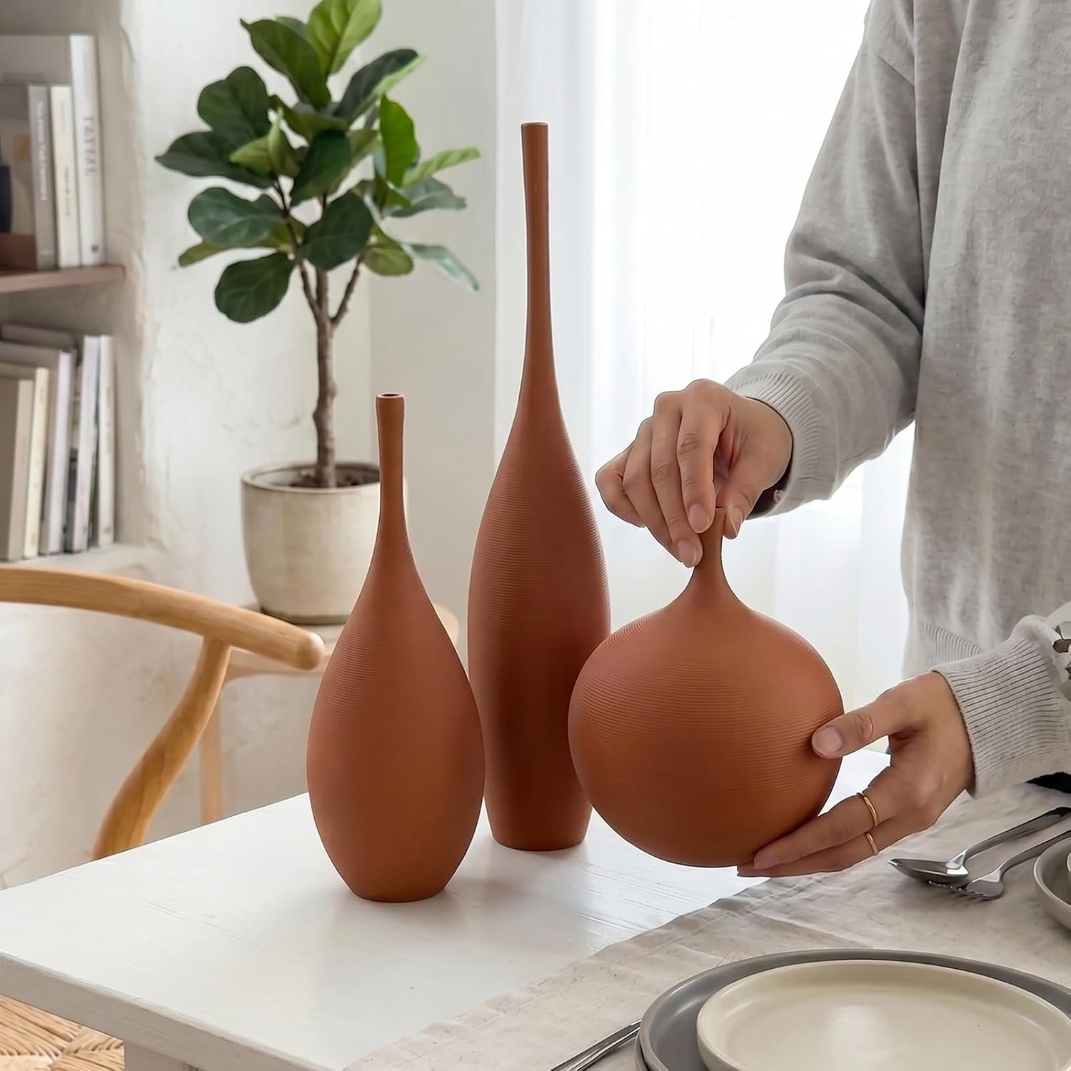 Ceramic Vases / Modern Boho Vases for Centerpiece Decor / Terracotta Brown / Set of 3
