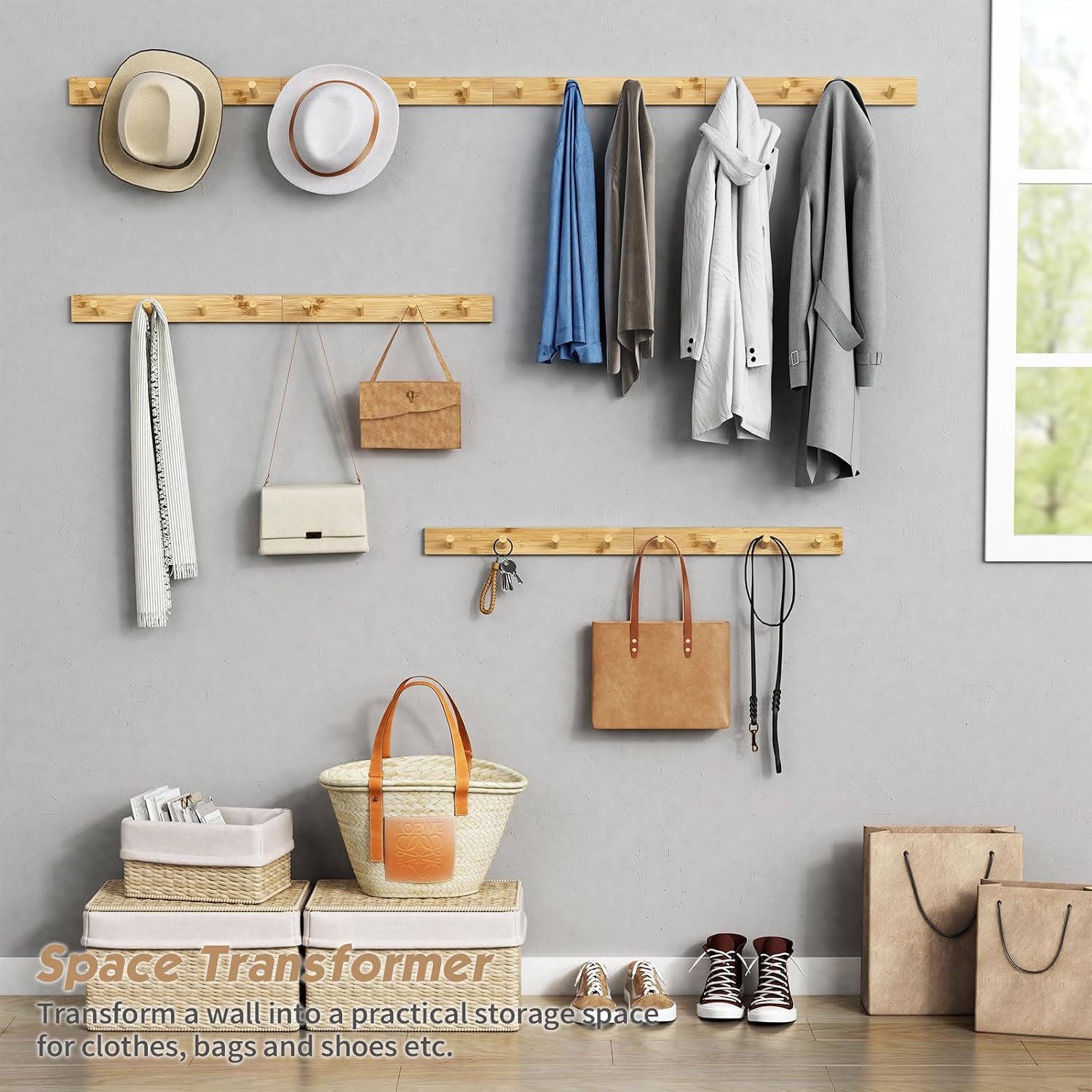 Forbena Natural Wood Coat Rack Wall Mount Set of 4, Wooden Wall Hooks for Bathroom Towels, Vertical Coat Hanger for