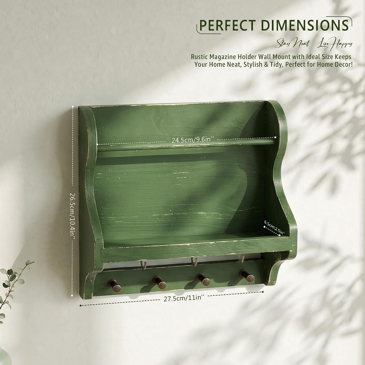 Pine Wood Mail Organizer Wall Mount / Green
