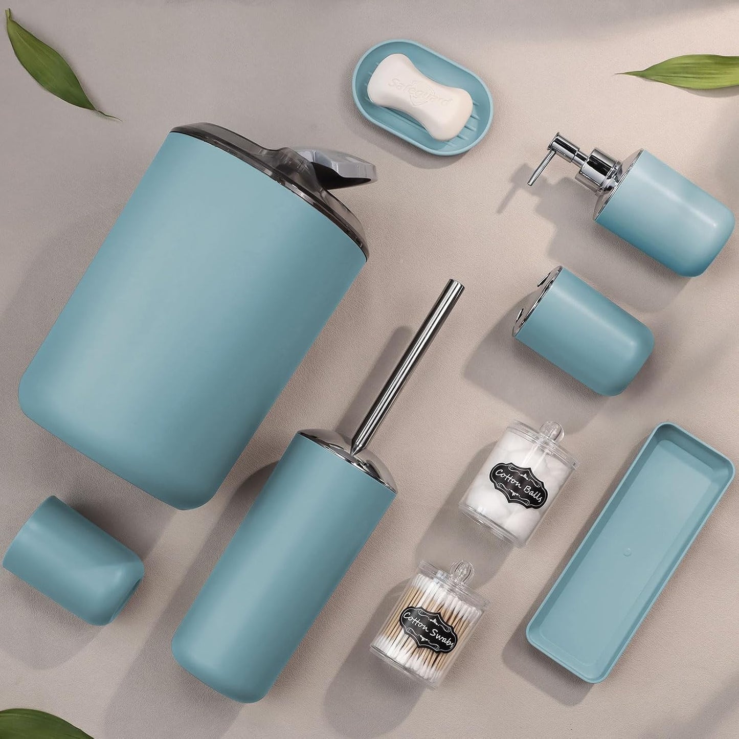 IMAVO Bathroom Accessories Set,Blue Bathroom Set,9 Pieces Bathroom Accessory Set,Tray,Qtip Holders,Toilet Brush,Trash